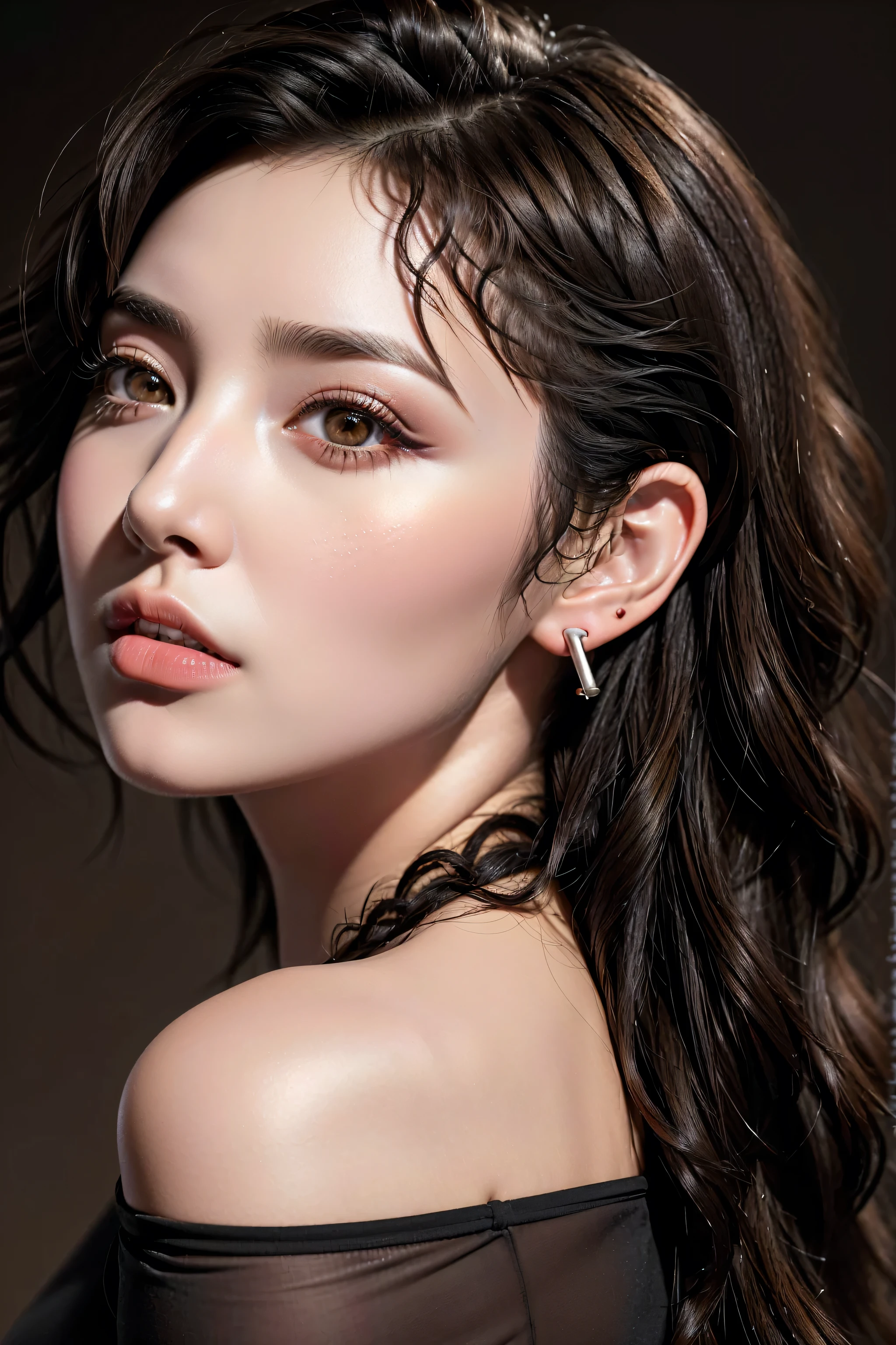 Realism, a realistic photo of (1girl:1.3, 20-year-old), ((in a photo studio)), (Warm color background:1.25), ((mid long (black:1.2) hair, ((wavy, combed up, behind the ear)), Crazy complicated details:1.5)), (extremely detailed CG unity 8k wallpaper), (best high quality real texture skin:1.3, A woman with velvety skin:1.2), ((best high quality real texture hair)), photo of the most beautiful artwork in the world, professional majestic (photography by Steve McCurry), 8k uhd, dslr, soft lighting, high quality, Fujifilm XT3 sharp focus, f 5.6, High Detail, dramatic, ((Dynamic position:1.4)), ((look right, look left, up and down)), ((front shot:1.3)), Wear a white tank top, (the most absurd quality perfect eyes:1.25), ((super beautiful cute sharp-face)), (light pale complexion), ((clear no blur and sharp perfect round realistic brown_eyes:1.25), ultra details:1.2), ((finely detailed pupils:1.2)), ((detailed symmetrical lips:1.3)), pink_lipstick:1.18, ((professional studio lighting, body and face lighting:1.3)), ((zoom out the camera:1.4))