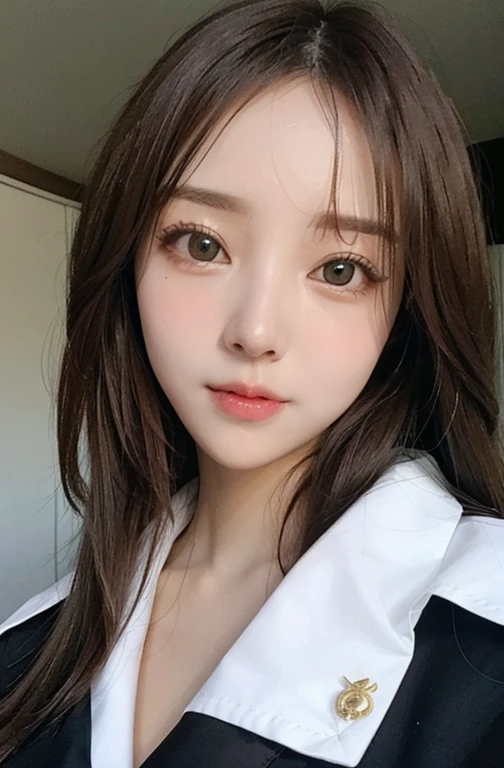 In school, high quality, super quality, (detailed face:1.4) ,beautiful woman , golden eyes, long hair , sailor suit, sharpe eyebrow , beautiful bangs are covering her eyes , huge breast  ,upper body , model pose 