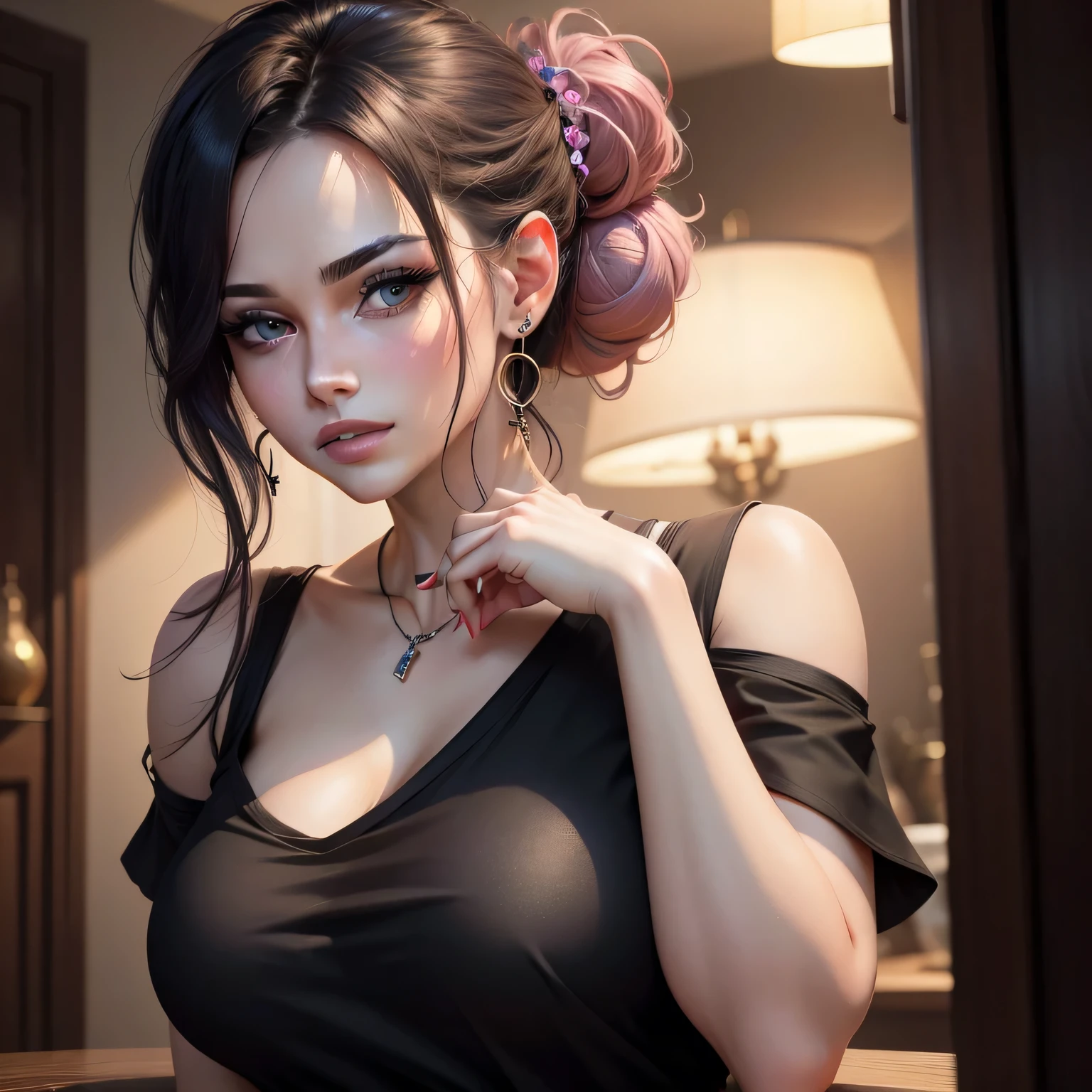 (best quality,4k,8k,highres,masterpiece:1.2), ultra-detailed, realistic:1.37, beautiful detailed eyes, beautiful detailed lips, extremely detailed eyes and face, long eyelashes, seductive gaze, pale skin turning pink, smile on her lips, messy bun hair tied in a black hairband, sexy woman with an alluring look, wearing alluring earrings, black v-neck t-shirt emphasizing her neck, captivating demeanor, enchanting expression, tempting charm, captivating beauty, elegance, seductive pose, beguiling presence.
