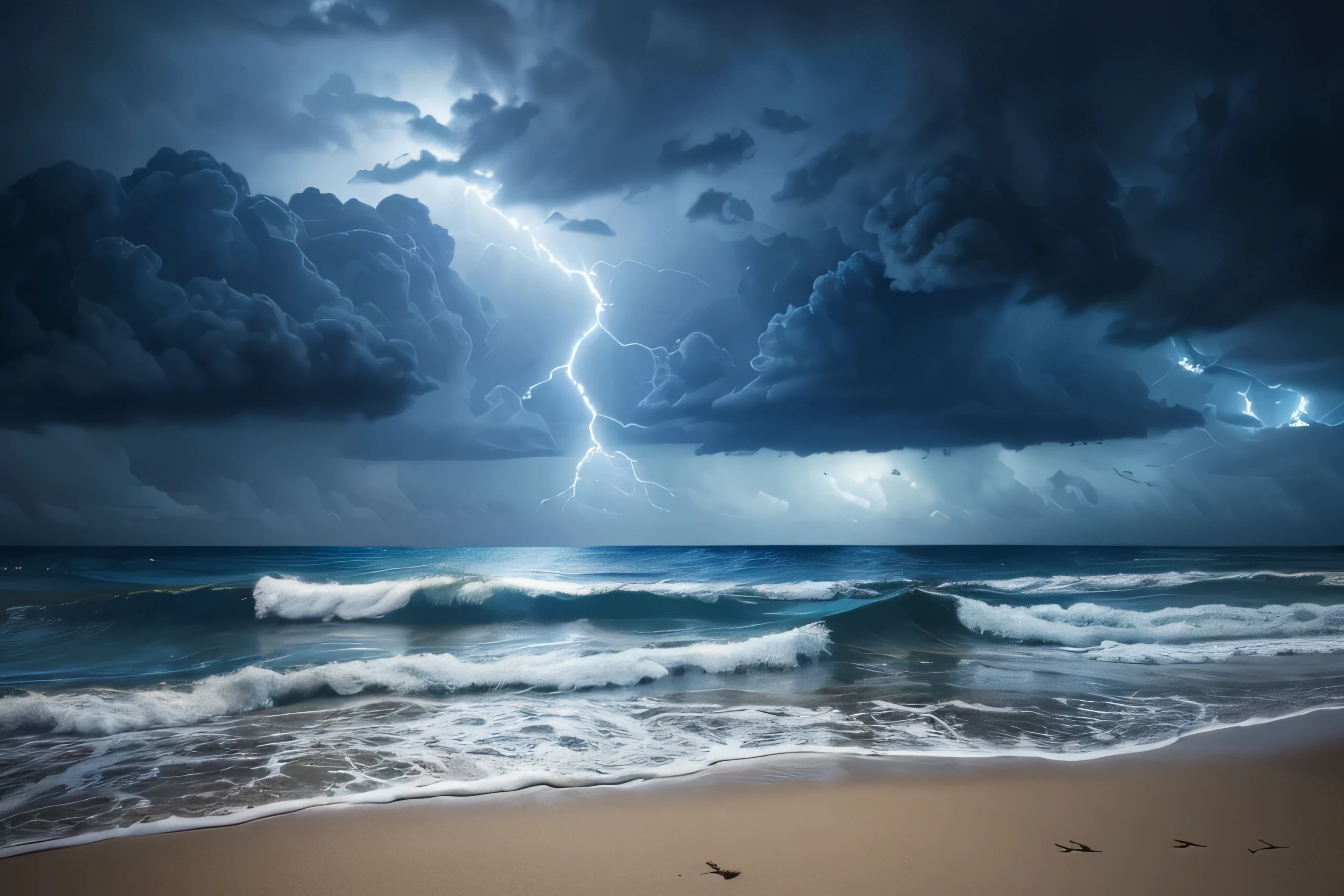 (highest quality,4K,8k,High resolution,masterpiece:1.2),Super detailed,(Realistic,photoRealistic,photo-Realistic:1.37),Dark blue background, Stormy Coast, Continuing sandy beach, Many flashes of lightning, Product Showcase, Vibrant colors, Dramatic lighting