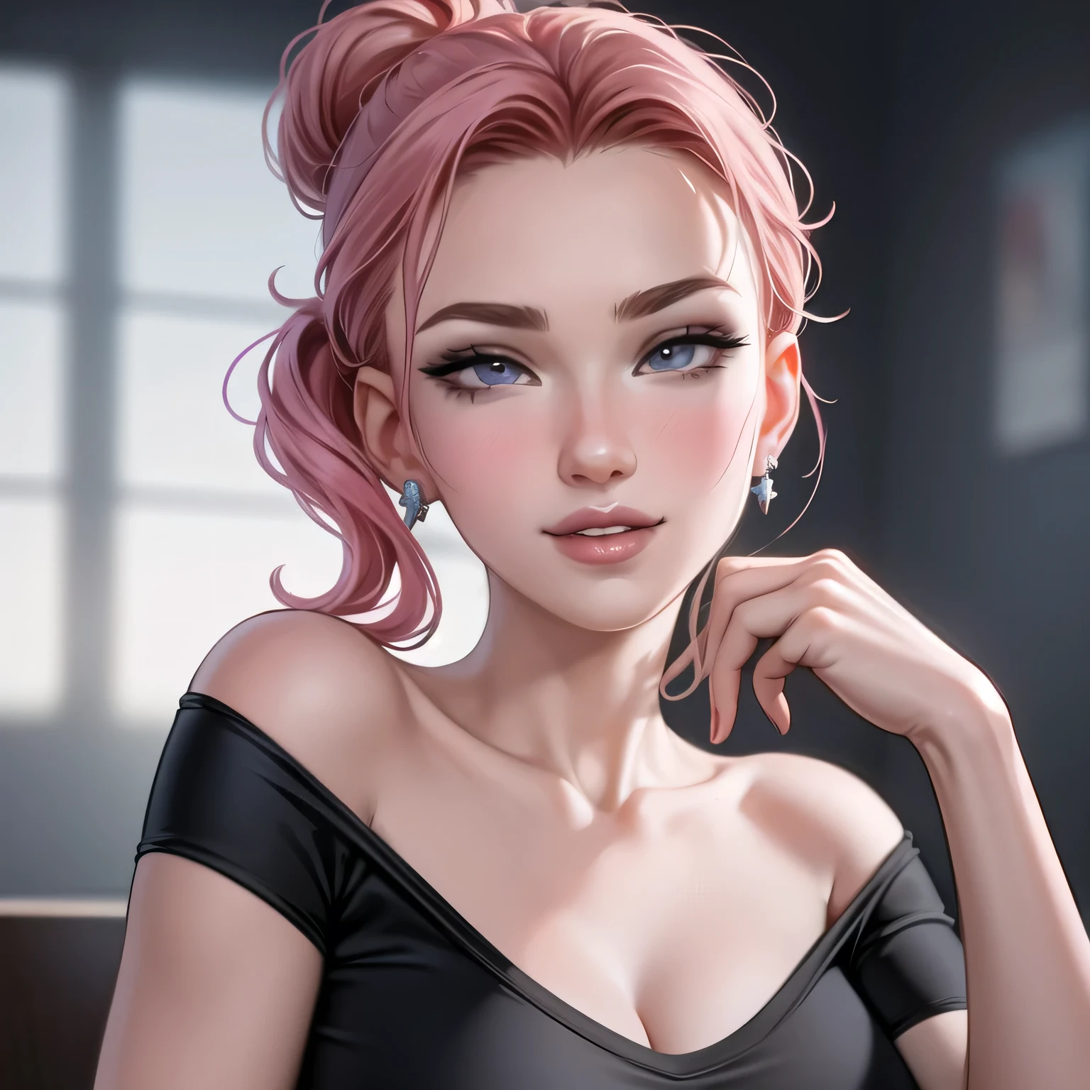 (best quality,4k,8k,highres,masterpiece:1.2), ultra-detailed, realistic:1.37, beautiful detailed eyes, beautiful detailed lips, extremely detailed eyes and face, long eyelashes, seductive gaze, pale skin turning pink, smile on her lips, messy bun hair tied in a black hairband, sexy woman with an alluring look, wearing alluring earrings, black v-neck t-shirt emphasizing her neck, captivating demeanor, enchanting expression, tempting charm, captivating beauty, elegance, seductive pose, beguiling presence.