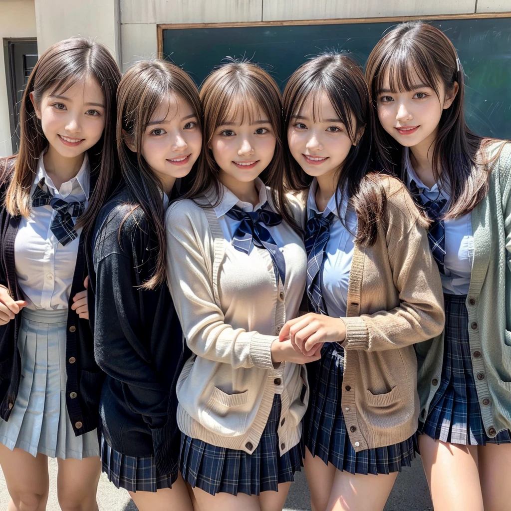 ((top-quality、masutepiece、8K、Top image quality))、Highly saturated、(Group photo of 3 high school girls:1.5)、((School uniform white shirt、Ribbon on the chest、Plaid pleated skirt))、The happiest smile、Biggest smile、Show your teeth and smile、View me、(waved hair)、The background is a school classroom、lipsticks、Perfect makeup、Emphasize body lines、cleavage of the breast、(accurate anatomy:1.3)、(perfect hair:1.2)、(exact cardigan:1.3)