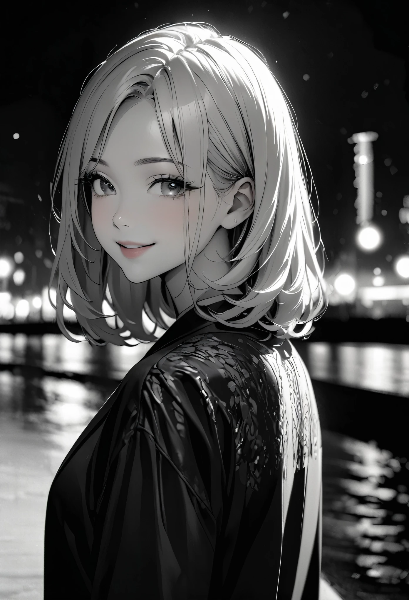 Monochrome Art, Black and White, photograph, Black and White映画, masterpiece:1.2, Smiling Over the Shoulder, turn around, Woman smiling, Shallow depth of field, Background bokeh, Detailed eyes and lips, Beautiful face, Glossy skin, City of night, Film Grain.