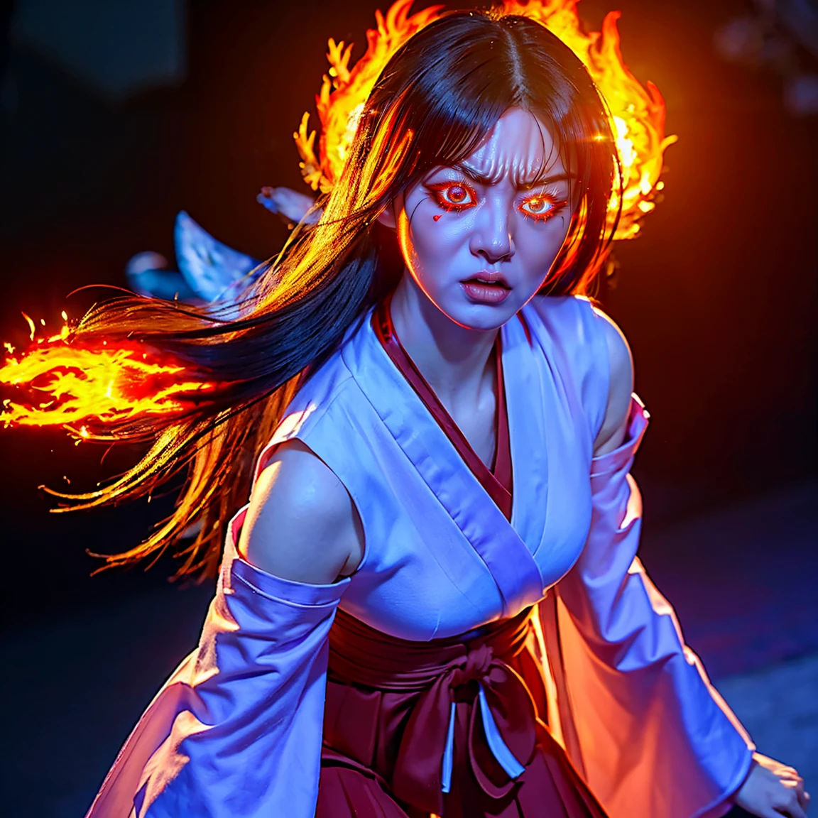 ultra-detailed, Explicit, Beautiful body, Beautiful Nose, Beautiful character design, perfect eyes, perfect face, ultra highres, 4K, beautiful legs, perfect legs, Nice hands, Perfect hand, Masterpiece, Best Quality, Highly detailed, illustration, absurdres, perfect anatomy, (angry face), glowing eyes, looking at viewer, mystic aura, female priestess, full body, goddess-like, mystic trance, perfect female body, (angry stare, japanese clothes, miko, detached sleeves, hakama, hakama skirt, red hakama, ribbon-trimmed sleeves, (serious stare), fire in her eyes (mystic fire in her eyes), horns, extending the right arm from the shoulder into the air with a straightened hand, 1girl, hair ornaments, purple hair, long hair, purple eyes with fire, (((pixel-perfect, detail-perfect))), solo, 1girl, Hanyuu, higurashi when they cry, umineko when they cry, medium sized natural breasts, furious face, extremely angry facial expression, eye with flames surrounding it, fantasy art, eye fire, fire in eyes, fiery eyes, glowing eyes flame, fire through eyes, angel eye, fire in eye, amazing detail digital art, fire eyes, stunning digital art, amazing digital art, detailed fantasy digital art