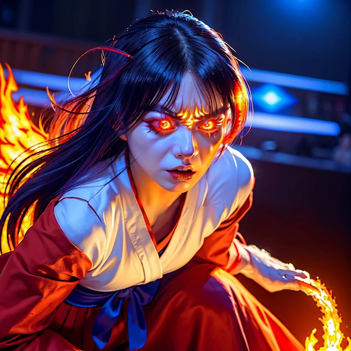 ultra-detailed, Explicit, Beautiful body, Beautiful Nose, Beautiful character design, perfect eyes, perfect face, ultra highres, 4K, beautiful legs, perfect legs, Nice hands, Perfect hand, Masterpiece, Best Quality, Highly detailed, illustration, absurdres, perfect anatomy, (angry face), glowing eyes, looking at viewer, mystic aura, female priestess, full body, goddess-like, mystic trance, perfect female body, (angry stare, japanese clothes, miko, detached sleeves, hakama, hakama skirt, red hakama, ribbon-trimmed sleeves, (serious stare), fire in her eyes (mystic fire in her eyes), horns, extending the right arm from the shoulder into the air with a straightened hand, 1girl, hair ornaments, purple hair, long hair, purple eyes with fire, (((pixel-perfect, detail-perfect))), solo, 1girl, Hanyuu, higurashi when they cry, umineko when they cry, medium sized natural breasts, furious face, extremely angry facial expression, eye with flames surrounding it, fantasy art, eye fire, fire in eyes, fiery eyes, glowing eyes flame, fire through eyes, angel eye, fire in eye, amazing detail digital art, fire eyes, stunning digital art, amazing digital art, detailed fantasy digital art
