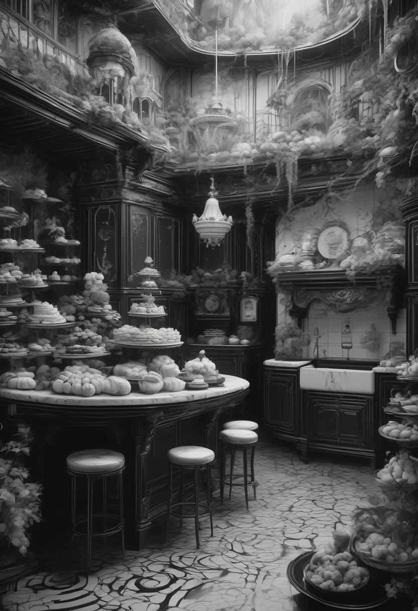 best quality, ultra-detailed, black and white, monochrome, contrasting shades, high contrast ,grayscale, aesthetic, Black and white whimsical bakery, detailed matte painting, deep color, fantastical, intricate detail, splash screen, complementary colors, fantasy concept art, 8k resolution trending on Artstation Unreal Engine 5