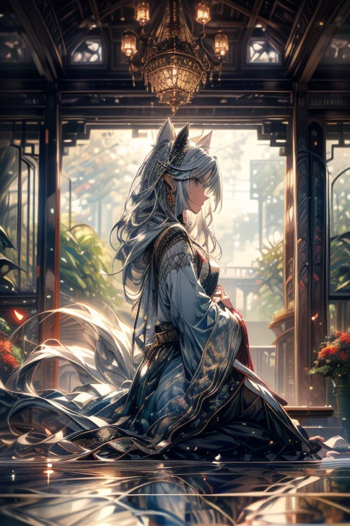 Relaxed character and white cat,masterpiece, best quality,ultra-detailed,hyper details, cinematic light,, 1girl, solo, sit, outdoor, summerhouse, sitting in the summerhouse, plants, table, Summer 2023 collection award winning artwork, chandelier, candle, wind, green eyes, pan-green silver hair, short hair, ear_fluff, floating hair, light, light frown, profile,looking at viewer, dynamic_angle