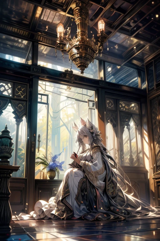 Relaxed character and white cat，masterpiece, best quality,ultra-detailed,hyper details, cinematic light,, 1girl, solo, sit, outdoor, summerhouse, sitting in the summerhouse,  plants, table, Summer 2023 collection award winning artwork, chandelier, candle, wind, green eyes, pan-green silver hair, short hair, ear_fluff, floating hair, light, light frown, profile,looking at viewer, dynamic_angle