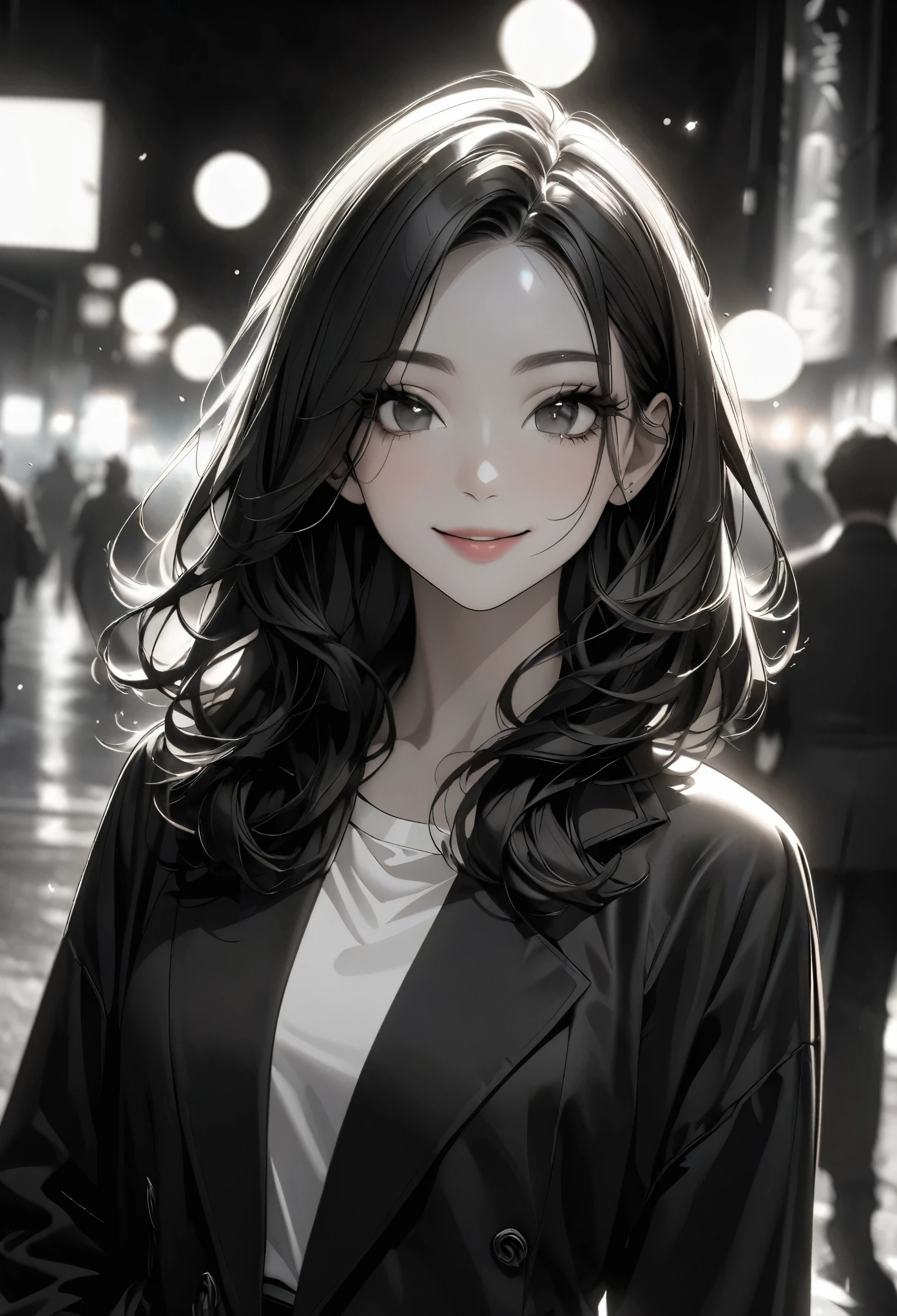 ((masterpiece:1.2, Best aesthetics)), Monochrome Art:1.2, ((Black and White:1.4)), Black and White写真, Black and White映画, Smiling Over the Shoulder, turn around, Woman smiling, Shallow depth of field, Background bokeh, Detailed eyes and lips, Beautiful face, Glossy skin, City of night, Film Grain.