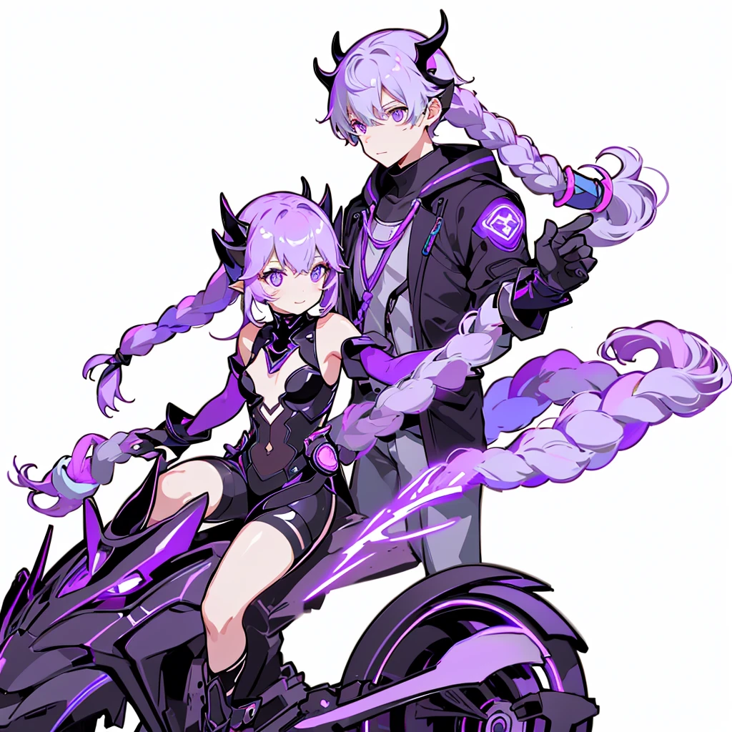 1BOY,1GIRL,Crypticforce、yinji、Super detailedな目、highest quality、Masterpiece、Official Art、16K、The best composition、The best light source、Super detailed、super beautiful、A futuristic couple riding a motorcycle, the girl is sitting behind the boy and hugging him from behind with her arms around his stomach、The bike is futuristic and purple neon、Boys have gray hair、The picture frame is a fractal art of wisteria trellis and the purple LED joint lighting creates a fantastic effect、aya、Wisteria blossoms falling like snow、Purple eyes、Twin tail braids、c0upl3、