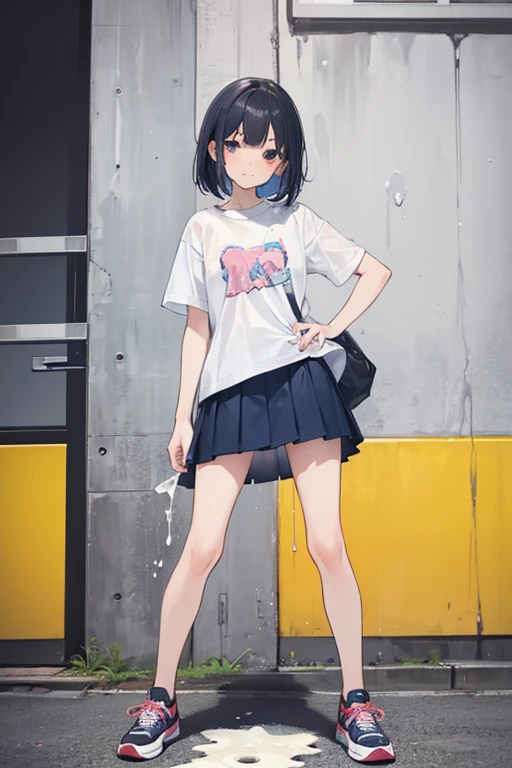 masterpiece, best quality, 1girl, ars old, T-shirt, mini skirt, sneakers, (standing, open stance),((dripping semen from pussy))