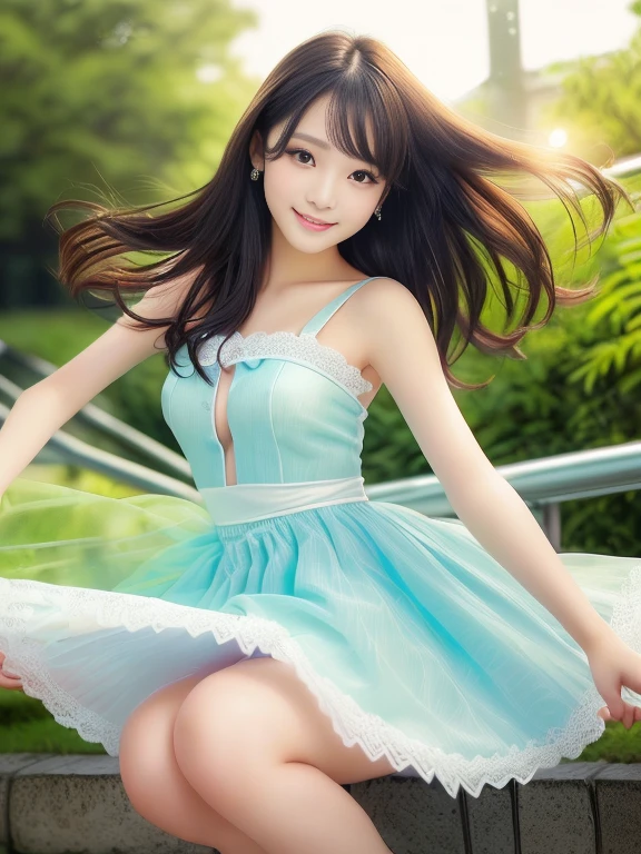 Photo-realistic quality、Close-up of a woman taking a photo in a dress, realistic Young Gravure Idol, A young and cute gravure idol, Young Gravure Idol, Young and skinny gravure idol, A sophisticated gravure idol, Young Sensual Gravure Idol, looking at the camera、Small Mouth、Smiling cutely、Detailed and beautiful eyes