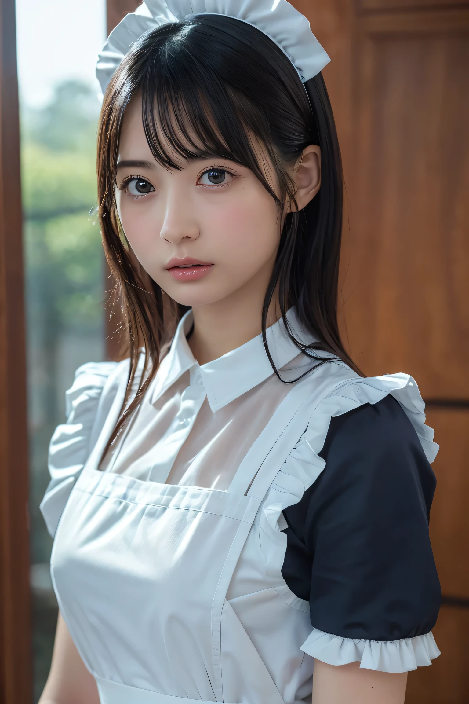 (8k, RAW Photos,highest quality, High resolution:1.1), (Ultra-realistic:1.4),(Realistic, Realistic:1.3),The Beauty of Japan、Rhythmic gymnastics club、Rhythmic Gymnastics Uniform、((Upper Body:1.3)),((Maid:1.3)),((Maid Cafe))