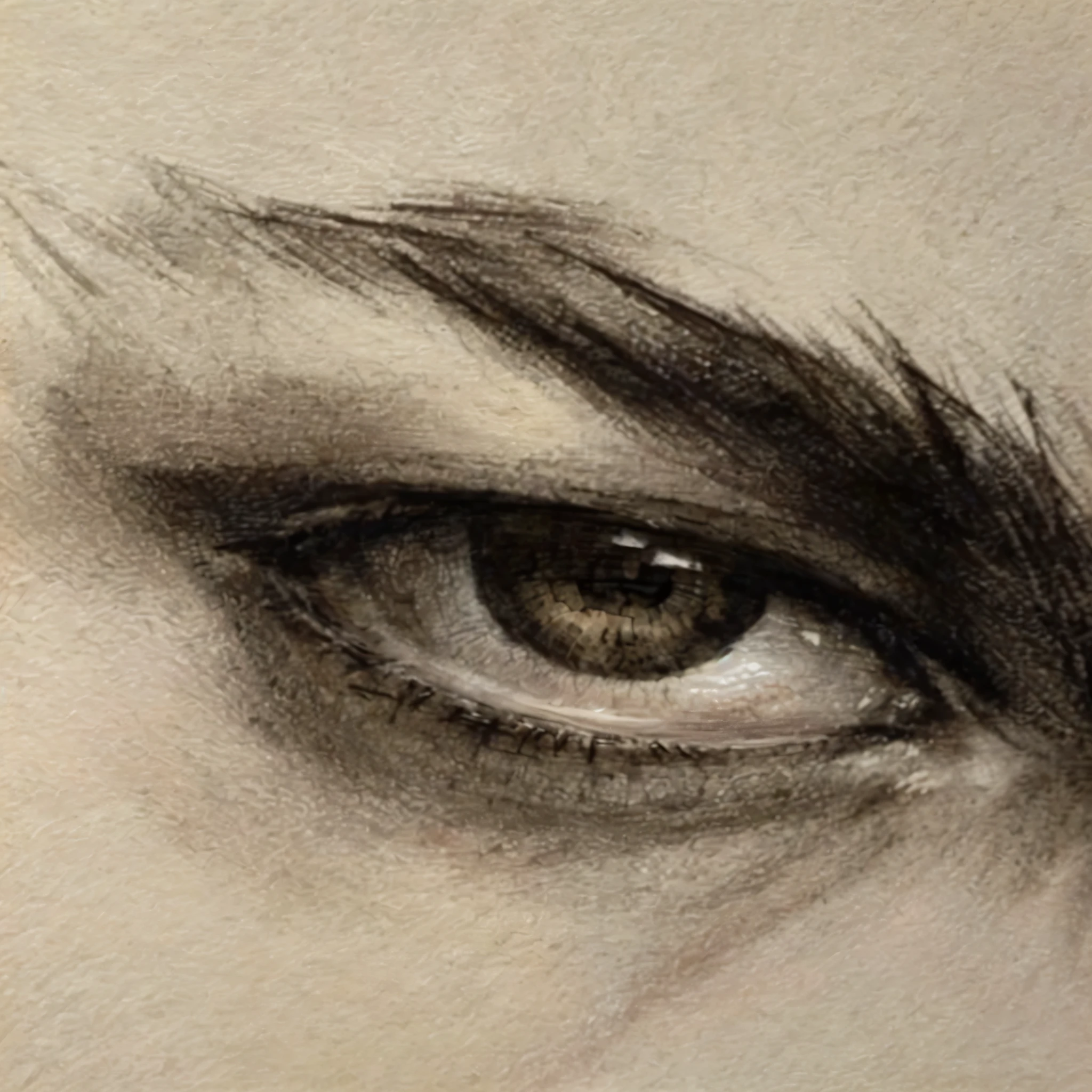 Close up of a painting of a human eye, Very fine grain, Detailed face and eyes, Very fine grain, detailed Close-up portrait, Highly detailed portrait, Detailed drawn eyes, Detailed charcoal sketch, Highly detailed eyes, medium Close-up portrait, ultra Detailed face and eyes, Close-up portrait, Detailed pupil, Extreme realism and detail, Close-up portrait