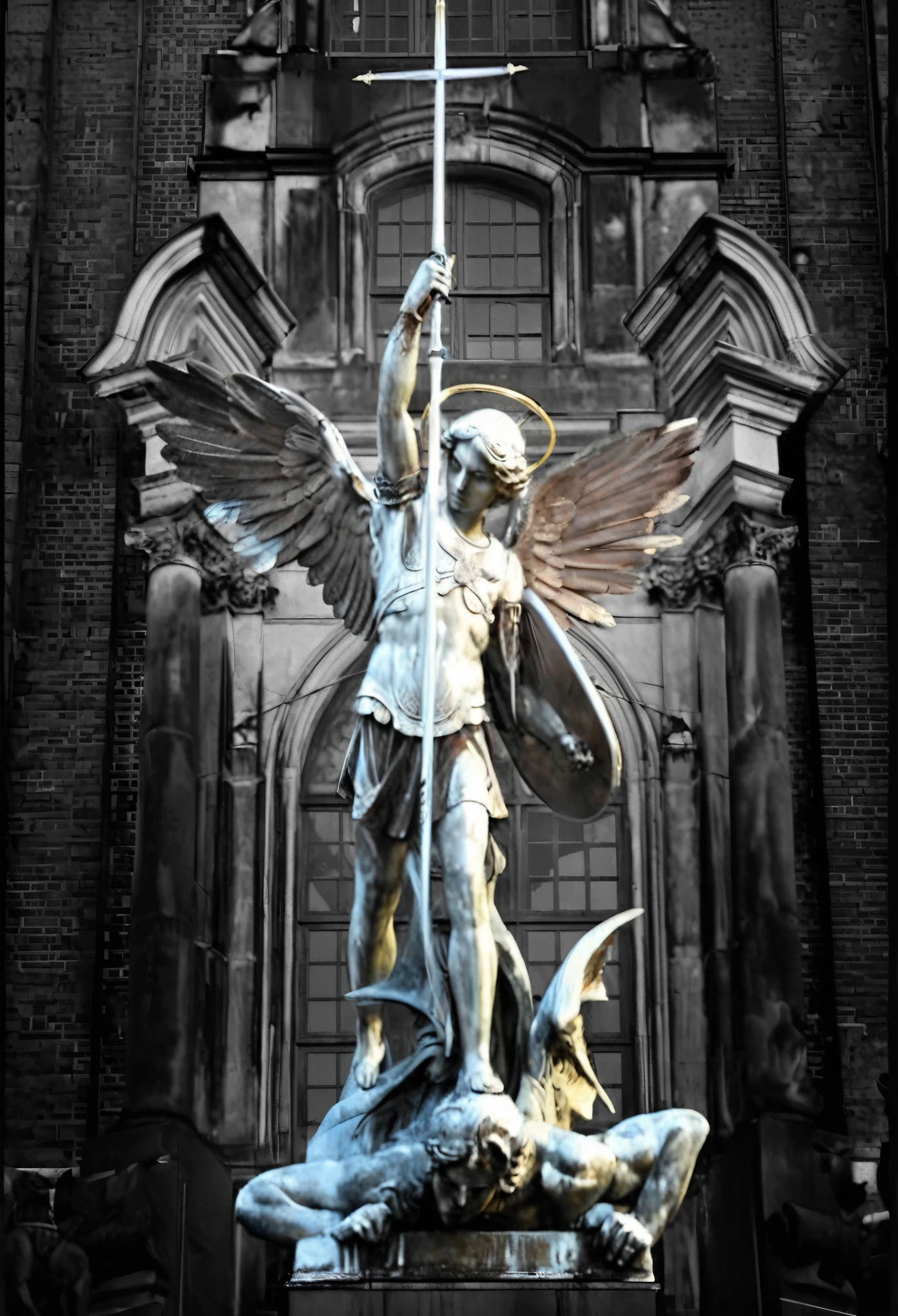 there is a picture of a winged Angel holding a sword, saint michael the Angel, archAngel michael, Angel pictures, archAngel, a picture, Angel in plastic armor, Angel protecting man, Nike De Victory!!!, picture, Works inspired by Abraham van den Tempel, Nike De Victory, totalitarian socialist Angel, the Angel of death, the Angel of death with a halo, Angel