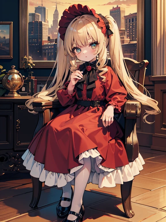 masterpiece, highest quality, Very detailed, 16k, Ultra-high resolution, Cowboy Shot, One 6--old l, Detailed face, Perfect Fingers, Golden Eyes, Blonde,  Original Costume, Twin tails, bonnet、Red dress、White pantyhose cup、Black shoes, Western-style building, Antique chair, sit