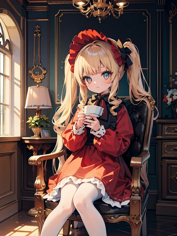 masterpiece, highest quality, Very detailed, 16k, Ultra-high resolution, Cowboy Shot, One ***************, Detailed face, Perfect Fingers, Golden Eyes, Blonde,  Original Costume, Twin tails, bonnet、Red dress、White pantyhose cup、Black shoes, Western-style building, Antique chair, sit