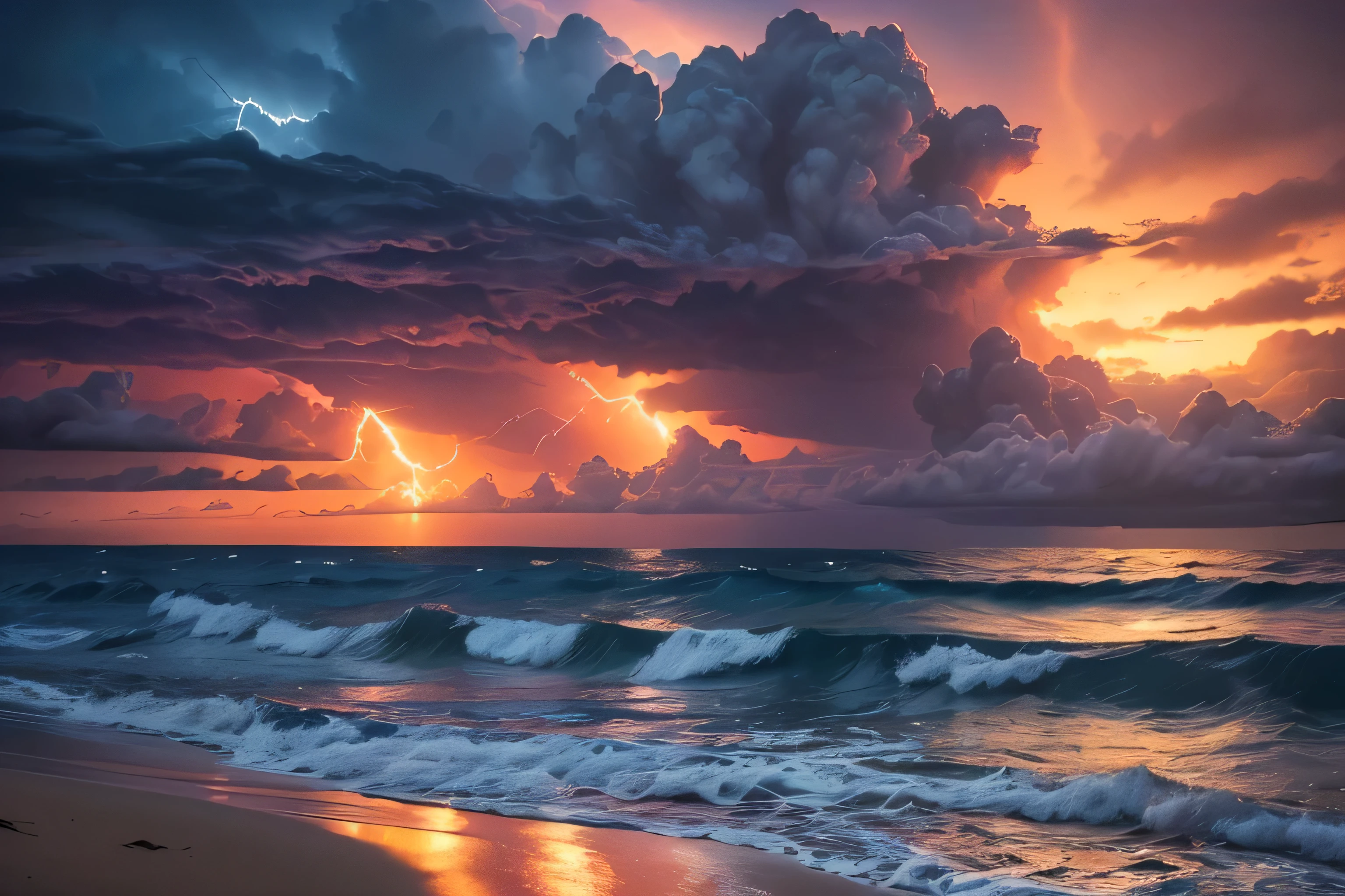 (highest quality,4K,8k,High resolution,masterpiece:1.2),Super detailed,(Realistic,photoRealistic,photo-Realistic:1.37),Dark blue background, Stormy Coast, Continuing sandy beach, Red Sky, Many flashes of lightning, Product Showcase, Vibrant colors, Dramatic lighting