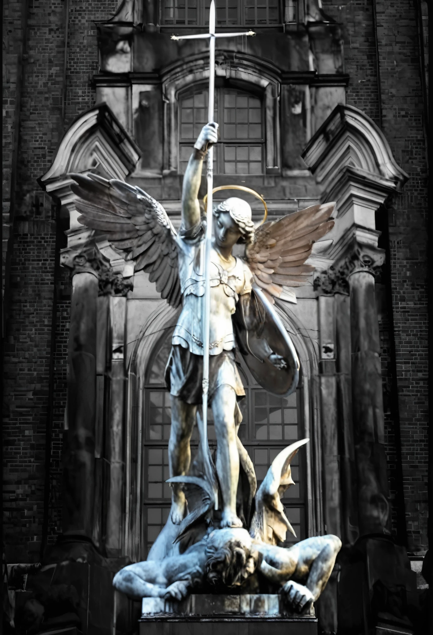 there is a picture of a winged Angel holding a sword, saint michael the Angel, archAngel michael, Angel pictures, archAngel, a picture, Angel in plastic armor, Angel protecting man, Nike De Victory!!!, picture, Works inspired by Abraham van den Tempel, Nike De Victory, totalitarian socialist Angel, the Angel of death, the Angel of death with a halo, Angel