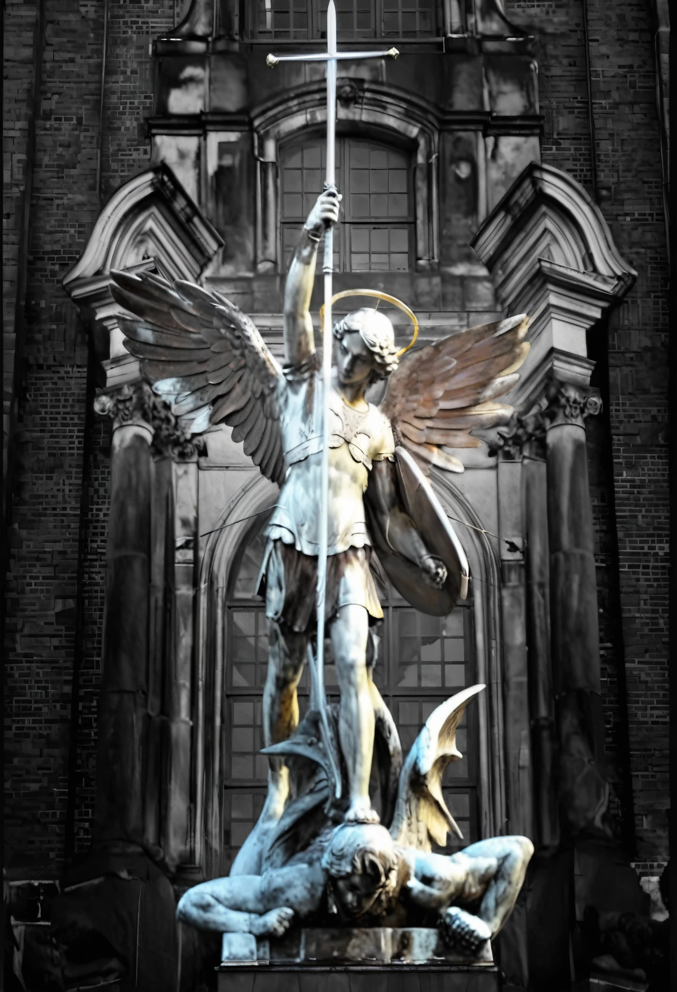 there is a picture of a winged Angel holding a sword, saint michael the Angel, archAngel michael, Angel pictures, archAngel, a picture, Angel in plastic armor, Angel protecting man, Nike De Victory!!!, picture, Works inspired by Abraham van den Tempel, Nike De Victory, totalitarian socialist Angel, the Angel of death, the Angel of death with a halo, Angel