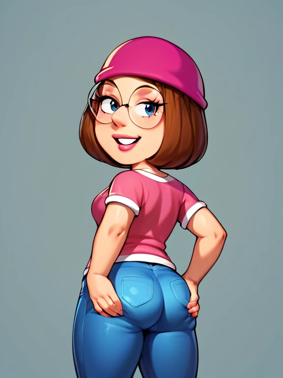 score_9_up,score_8_up,score_6,score_5,score_4,  meg, 1girl, glasses,brown hair,  solo, short hair, beanie, shirt, pink shirt, pants, round eyewear,looking at viewer, smile, toon \(style\),standing,simple background,hand on hip,     back view, ass, spread ass, ass focus, ass zoom in,