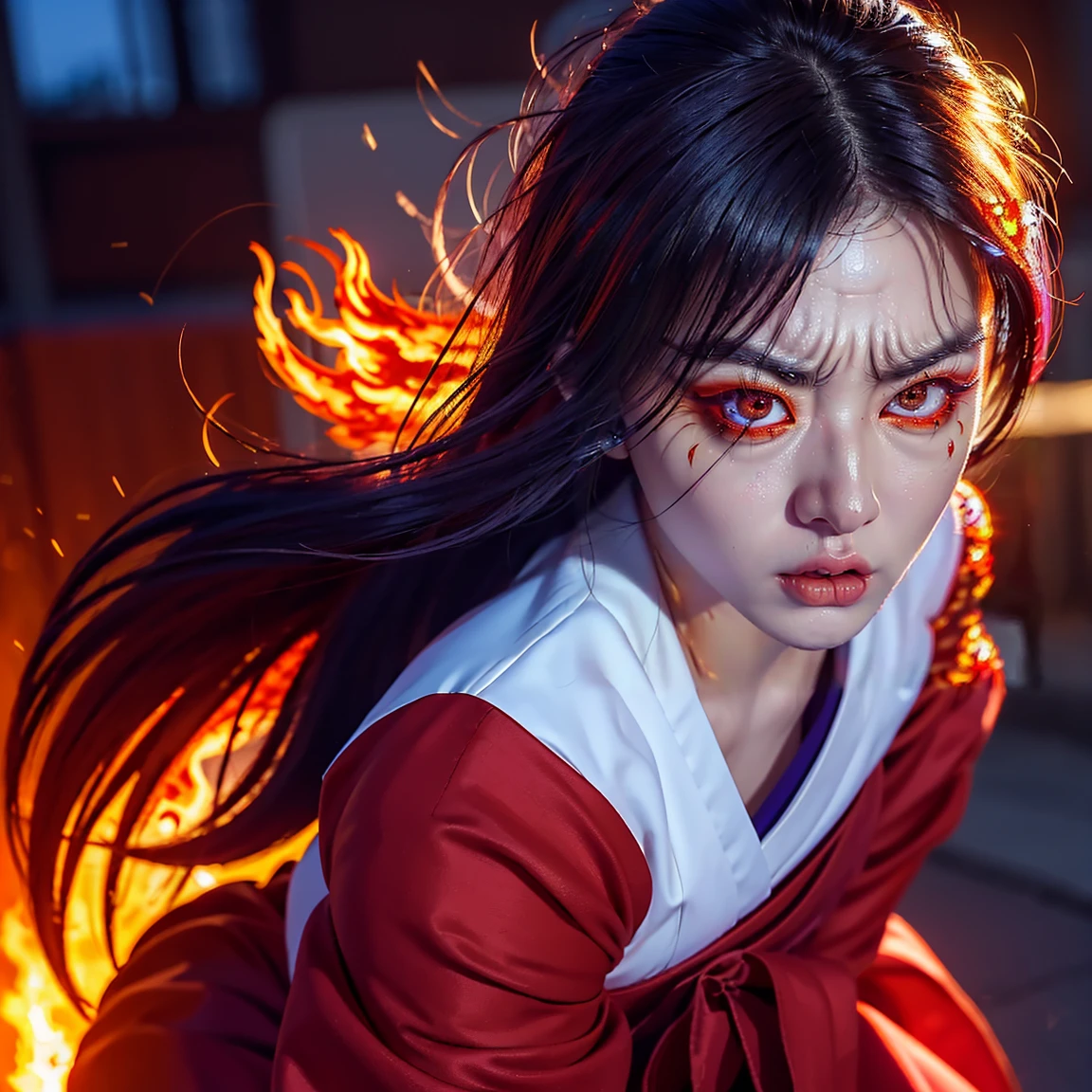 ultra-detailed, Explicit, Beautiful body, Beautiful Nose, Beautiful character design, perfect eyes, perfect face, ultra highres, 4K, beautiful legs, perfect legs, Nice hands, Perfect hand, Masterpiece, Best Quality, Highly detailed, illustration, absurdres, perfect anatomy, (angry face), glowing eyes, looking at viewer, mystic aura, female priestess, full body, goddess-like, mystic trance, perfect female body, (angry stare, japanese clothes, miko, detached sleeves, hakama, hakama skirt, red hakama, ribbon-trimmed sleeves, (serious stare), fire in her eyes (mystic fire in her eyes), horns, extending the right arm from the shoulder into the air with a straightened hand, 1girl, hair ornaments, purple hair, long hair, purple eyes with fire, (((pixel-perfect, detail-perfect))), solo, 1girl, Hanyuu, higurashi when they cry, umineko when they cry, medium sized natural breasts, furious face, extremely angry facial expression, eye with flames surrounding it, fantasy art, eye fire, fire in eyes, fiery eyes, fire through eyes, angel eye, fire in eye, amazing detail digital art, fire eyes, stunning digital art, amazing digital art, detailed fantasy digital art