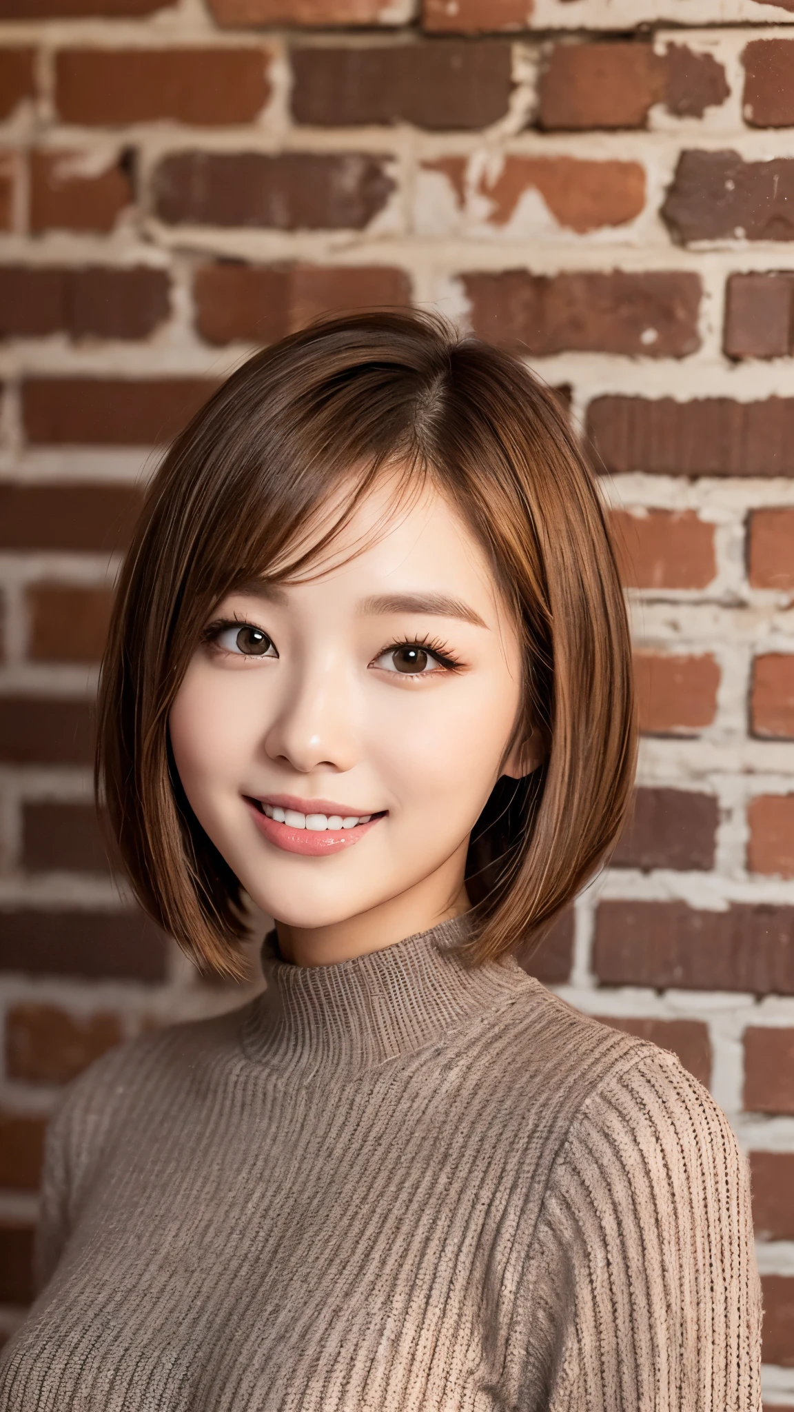 Stylish and beautiful Korean women、White and beautiful skin、low length、Brown Hair、Bob Cut Hair、Reddish brown eyes、Slanted Eyes、Thin eyebrows、Thick lips、smile、Flashy clothes、Fashion Model、Brick Background、