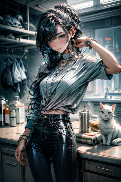 Relaxed character and white cat,minimalism、Beautiful lively black-haired girl wearing jeans on the lawn, sleeping bag, hunting dog, and survival toolasutepiece、best composition、ultra-definition