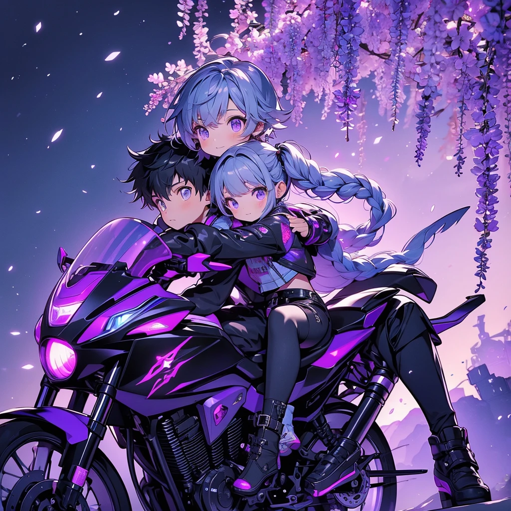 1BOY,1GIRL,Crypticforce、yinji、Super detailedな目、highest quality、Masterpiece、Official Art、16K、The best composition、The best light source、Super detailed、super beautiful、A futuristic couple riding a motorcycle, the girl is sitting behind the boy and hugging him from behind with her arms around his stomach、The bike is futuristic and purple neon、Boys have gray hair、The picture frame is a fractal art of wisteria trellis and the purple LED joint lighting creates a fantastic effect、aya、Wisteria blossoms falling like snow、Purple eyes、Twin tail braids、c0upl3、