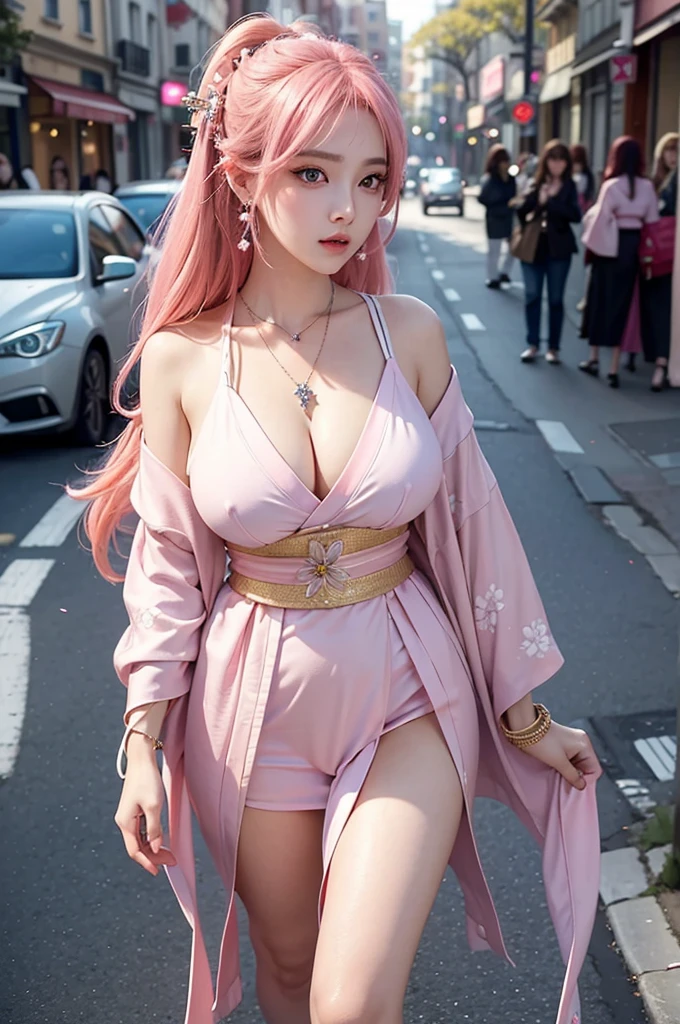 masterpiece, extremely detailed, beautiful detailed girl, extremely detailed eyes and face, beautiful detailed eyes, cinematic lighting, 1girl, full body, perfect hand, depth of field, pink hair, huge breasts, necklace, bracelet, earring, in a street, crowded background, wearing stocking, sad, wearing kimono, walking