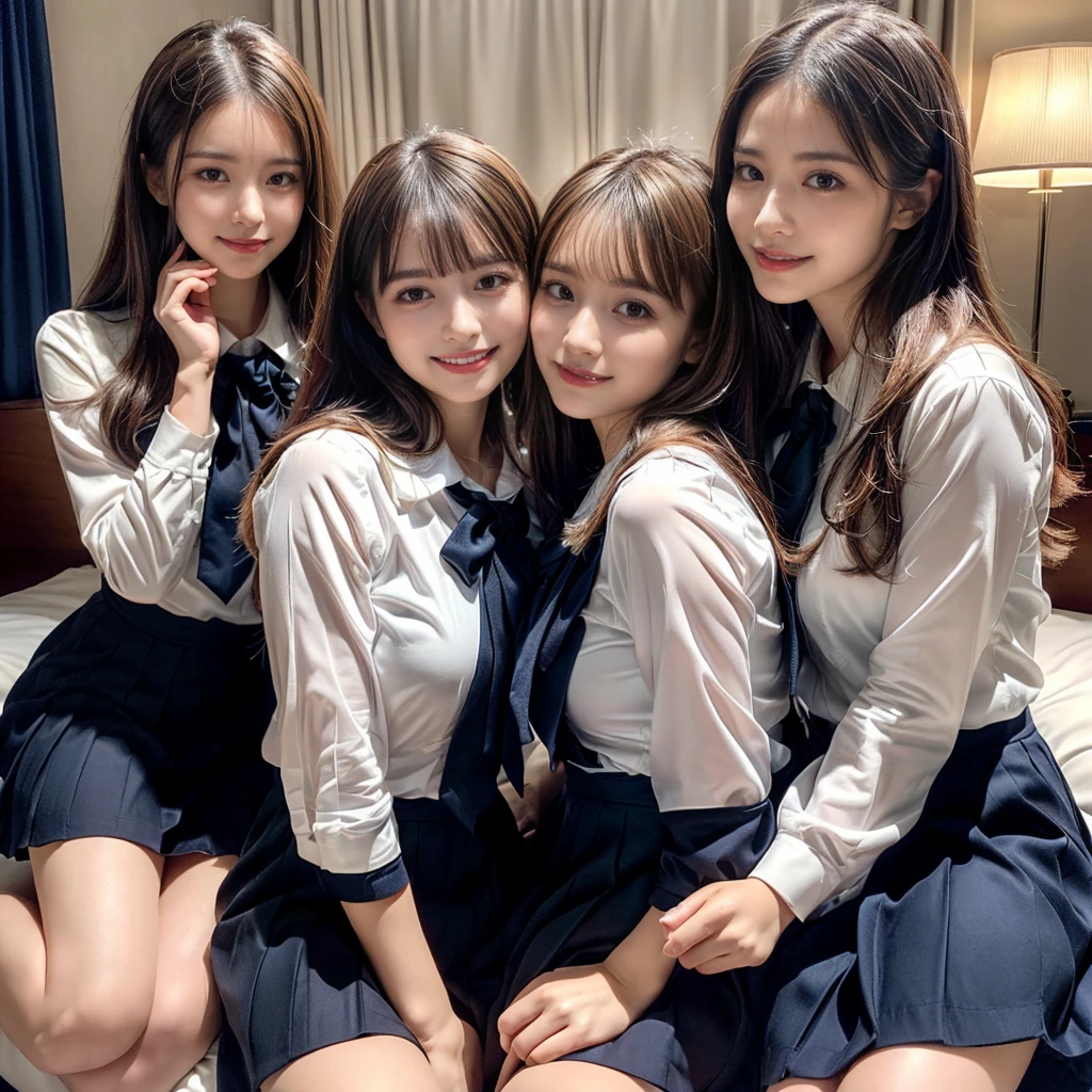 ((Four schoolgirls sitting on bed,Sit across from me,Look at me affectionately fascinated、Enraptured look,Trance,Everyone sees the camera perfectly,1 beautiful girl who is half Spanish,a blond,Brown hair,A dark-haired,photoRealstic,Luxury hotel bed taken from the lap,Same uniform,japanes,4 schoolgirls,Play with each other,Touching each other's bodies,Touching the body of the girl next door,4 Close contact,Very hilarious pose)),(Navy blue skirt in a sailor suit、Red ribbon and white shirt,Same ,large full breasts,Beautiful makeup,glitter makeup,Cutest 18 years old)),((Realistic lighting,during daytime,The background is a luxury hotel room,A detailed face,perfect teeth,White teeth,finerly detailed face,Beautiful face,an ecstatic look on one's face,Perfect fingers,Accurate 5 fingers,high-definition RAW color photography, professional photograpy, extremely delicate and beautiful, Extremely detailed,finely detail, Huge file size,Top image quality,8K))