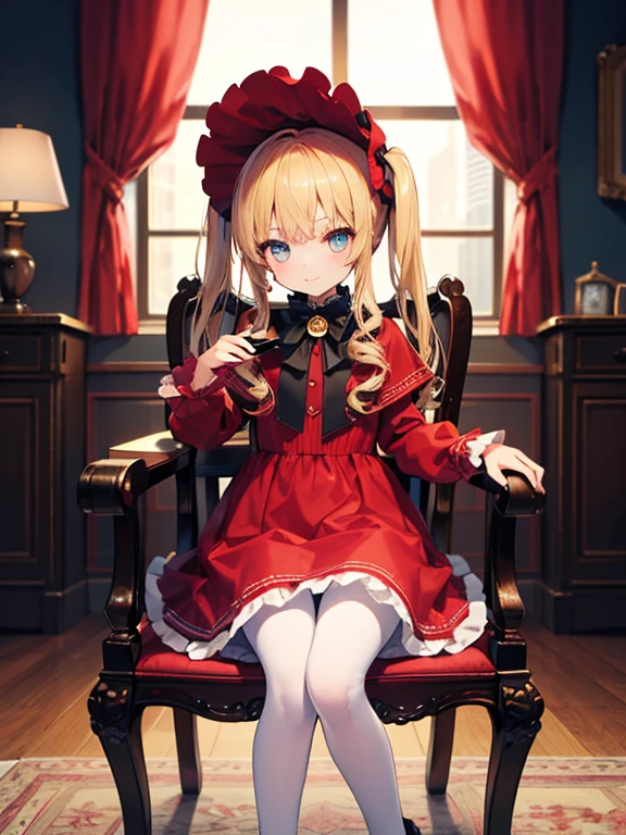 masterpiece, highest quality, Very detailed, 16k, Ultra-high resolution, Cowboy Shot, One 8-year-old girl, Detailed face, Perfect Fingers, Golden Eyes, Blonde,  Original Costume, Twin tails, bonnet、Red dress、White pantyhose cup、Black shoes, Western-style building, Antique chair, sit