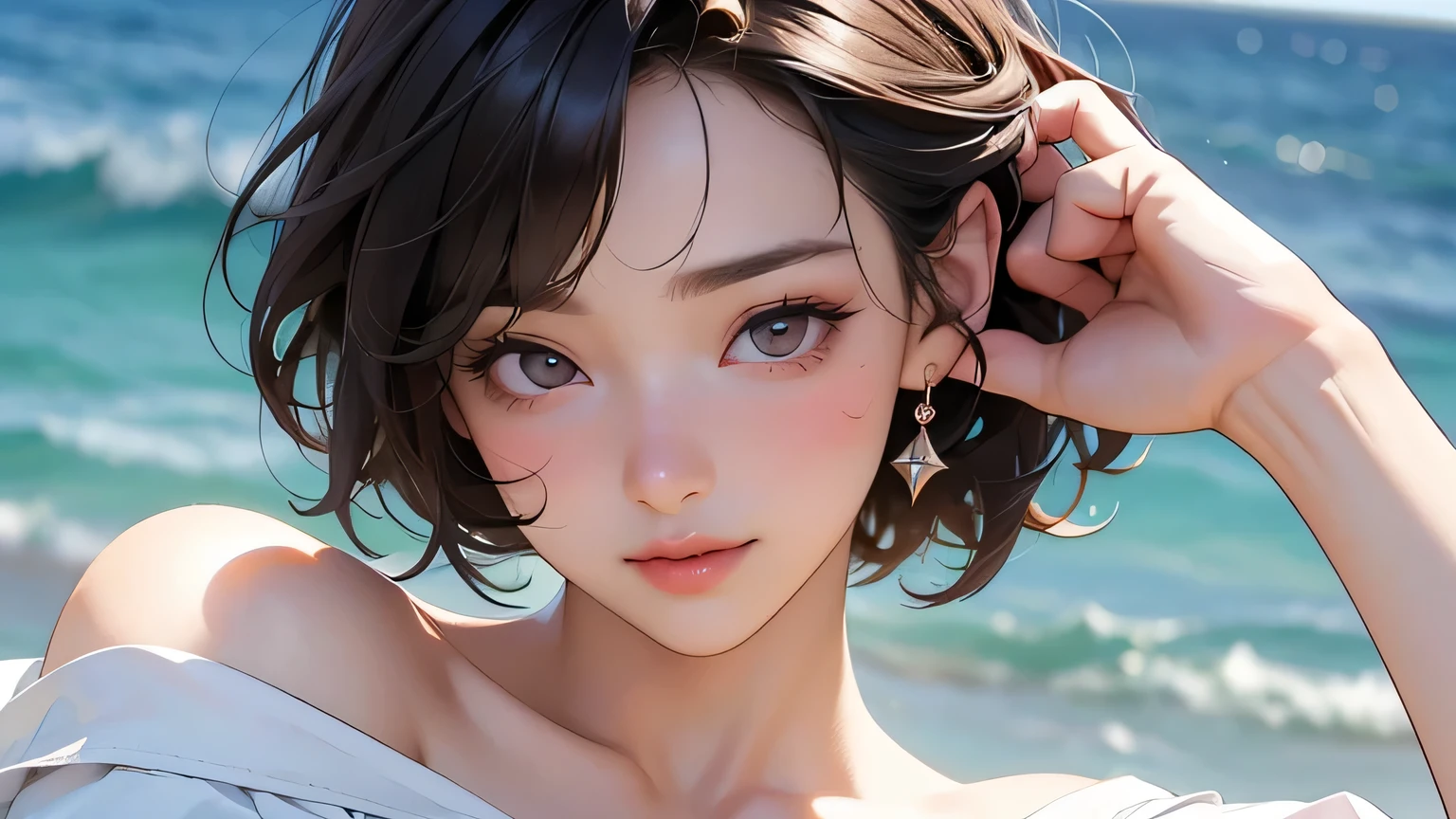 (最high quality、8k、32k、masterpiece、Hmph:1.2)、cute japanese women photos、Very short bob hair、whole body、Surface Focus、White Bikini、Seaside Background、Viewer search x4、(8k、RAW Photos、最high quality、masterpiece:1.2)、(Realistic、Realistic:1.37)、1 girl、cute、Professional Lighting、Photon Mapping、Physically Based Rendering、Gradient brunette hair、Short Curly Hair、good looking、Excellent image quality、High resolution、1080p、(Beautiful Face)、(Detailed facial depiction)、(Detailed Hand Explanation)、(Masseter region)、(Detailed CG)、 Extreme light and shadow、Brown Hair, With bangs, (Layered Short Hair), (big: 1.5), Beautiful Eyes, Beautiful Eyes with Slits, double eyelid, (Cat face), (cute Face), cute Smile, (shut up.), (cute), Soft Skin, whole bodyを見せる, Surreal, Very detailed, high quality, (Beautiful college student with short hair playing in the sea), ((Detailed very cute college girl), ((big胸 It can be seen even through clotheasterpiece、Rich details、(exquisite features)、(Best image quality)、(masterpiece)、(fine grain)、Delicate clavicle、Mr.々A pose、Don'Don'Staring at your boyfriend、profile、Shot on the coast、White Bikini
