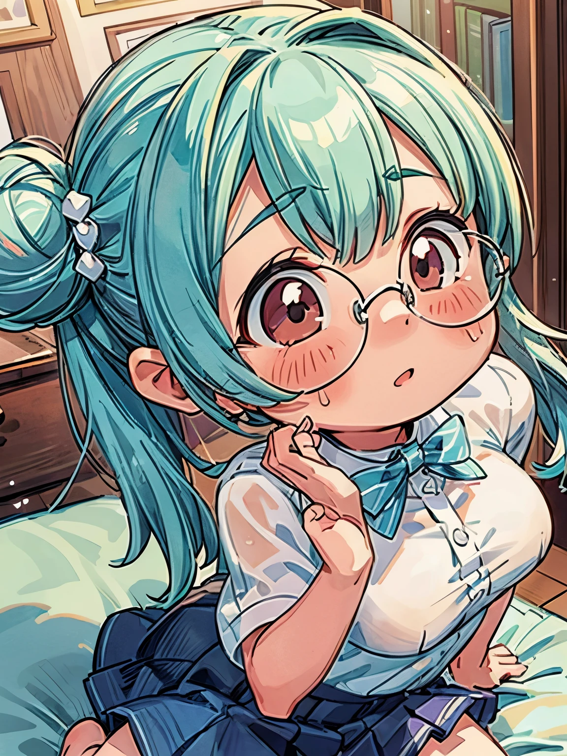 1 girl, gray hair, hair in two pigtails, glasses, big lips, black eyes, huge breasts, blush, blush on nose, open abdomen, focused portrait, horrible thighs, high thighs, wide hips, narrow waist , hourglass figure, silly, full body, sexy pose, dynamic pose, sitting,indoors, window, , pov selfie, full nude, naked, (legs open), sitting on an erect penis, penis in her vagina, having sex
