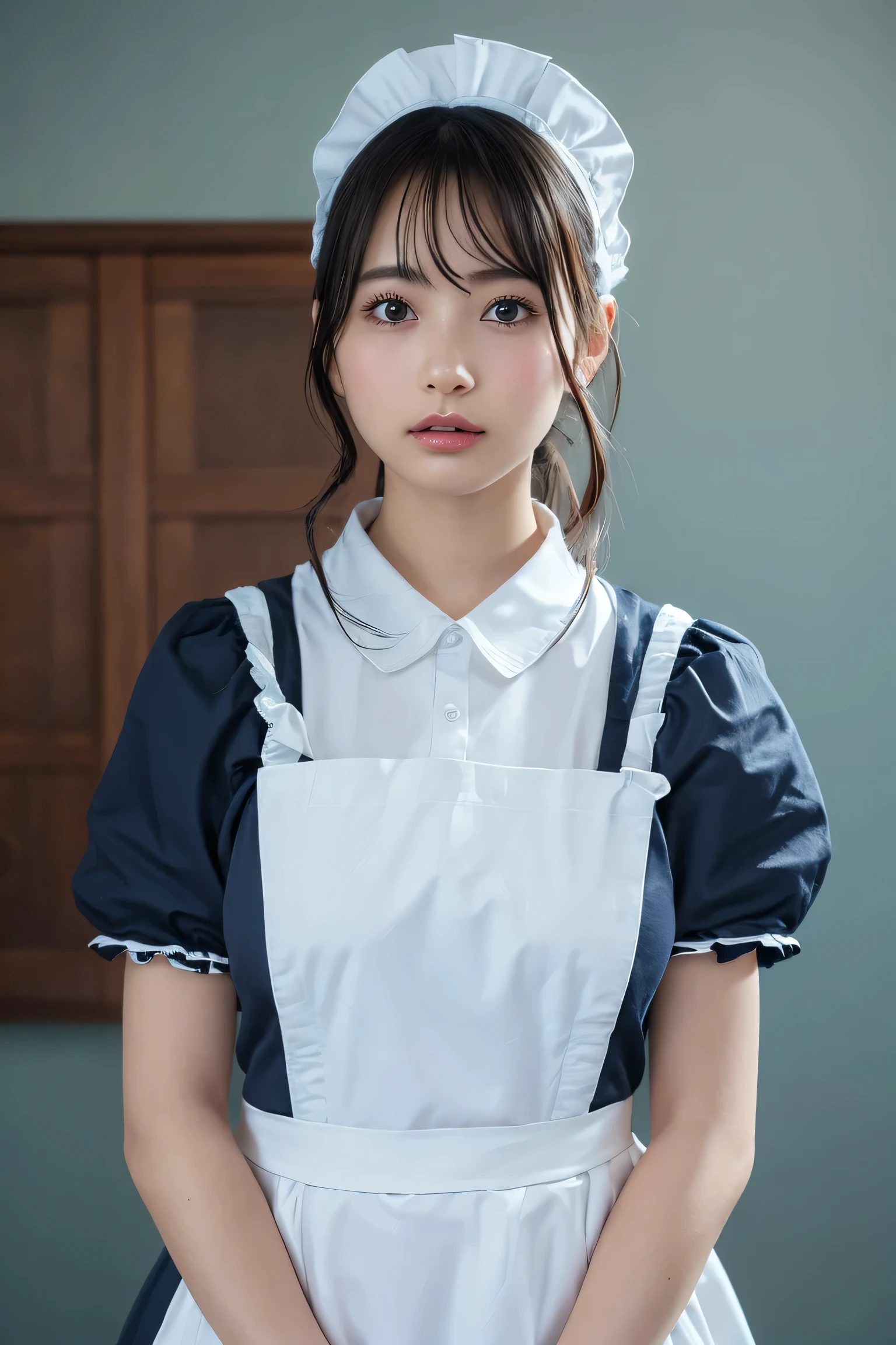 (8k, RAW Photos,highest quality, High resolution:1.1), (Ultra-realistic:1.4),(Realistic, Realistic:1.3),The Beauty of Japan、Rhythmic gymnastics club、Rhythmic Gymnastics Uniform、((Upper Body:1.3)),Maid Cafe、((Maid:1.3))
