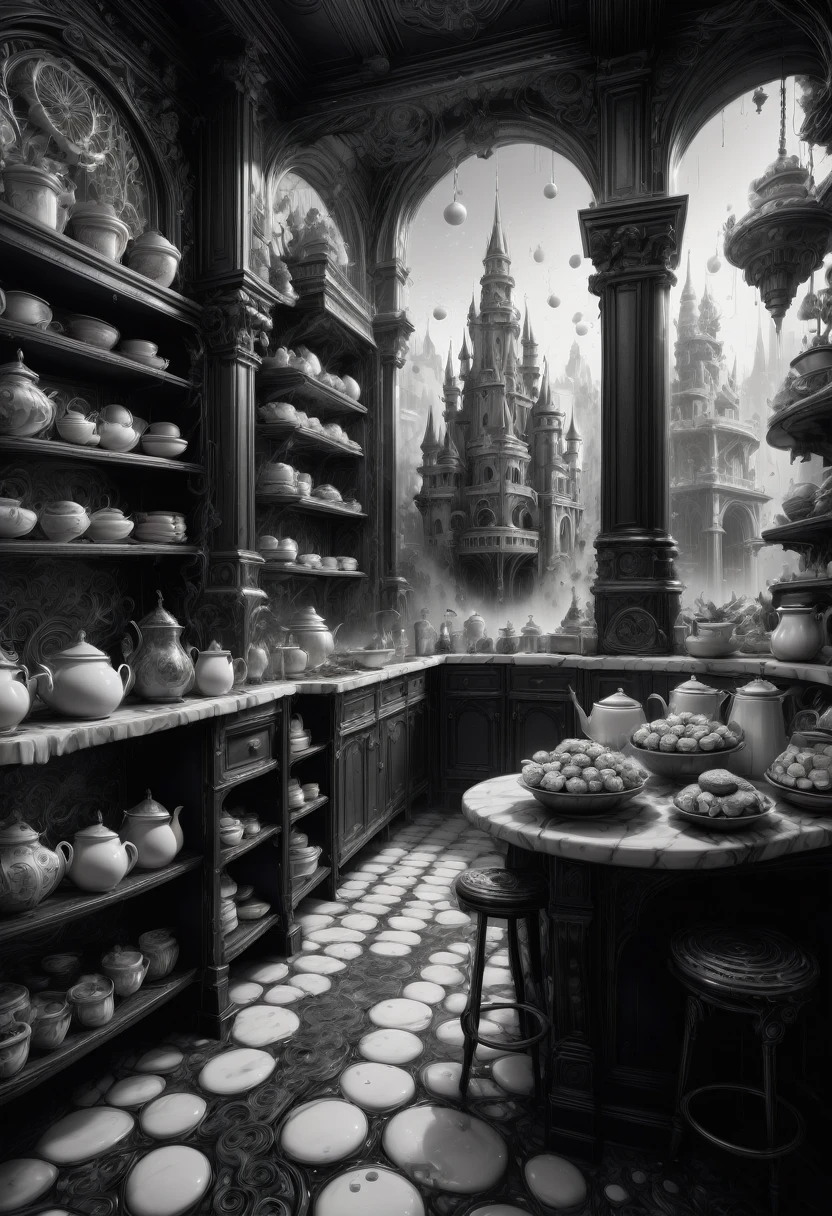 best quality, ultra-detailed, black and white, monochrome, contrasting shades, high contrast ,grayscale, aesthetic, Black and white whimsical bakery, detailed matte painting, deep color, fantastical, intricate detail, splash screen, complementary colors, fantasy concept art, 8k resolution trending on Artstation Unreal Engine 5