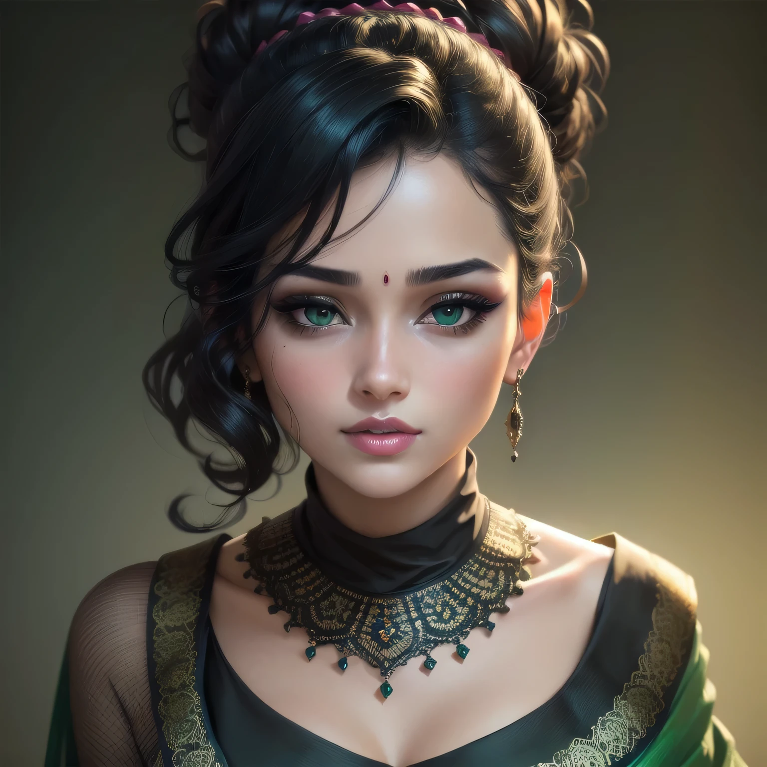  Amazing portrait of a sexy woman with a beautiful face emphasized by amazing makeup and beautifully detailed eyes with perfect lips wearing her black hair in a messy bun blushing intensely as she's flustered and lustful wearing some elegant earrings and a black blouse paired with a sheer dark green saree making her look hot with vibrant colors and soft lighting