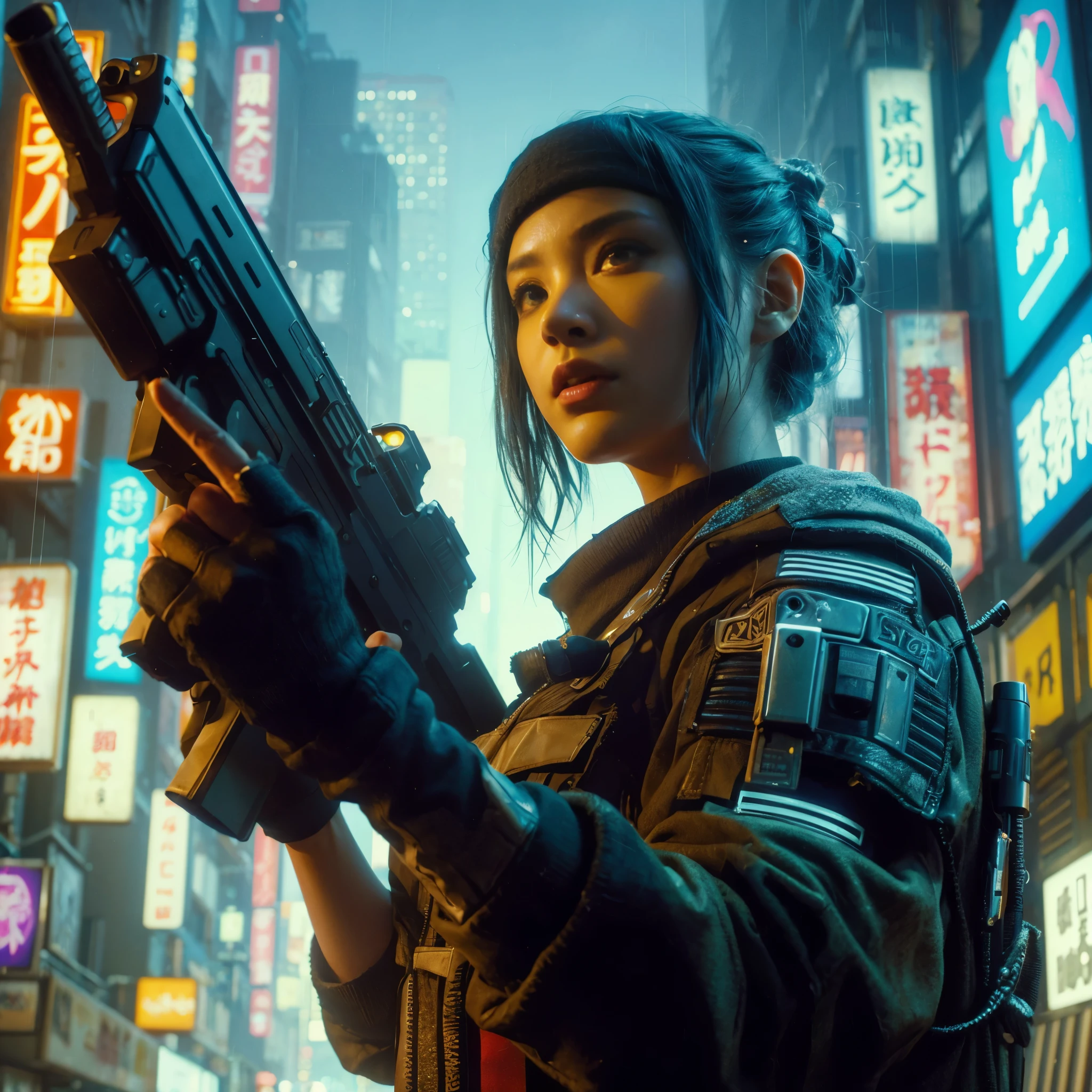 8k,Realistic Skin Texture、Realistic Photo、Neo Tokyo、Japanese women、Near future、AD2050、Dirty hunting jacket、Wearing multiple shirts and hoodies、Used automatic rifle、sneakers、Knit cap、、cold、Dynamic pose、Innovative composition、revenge、An old 1966 Ford Bronco that looks out of place in a city of the near future、cyber punk、blade runner worldview、Large neon sign、Geisha hologram sign、Strong Wakamoto Sign