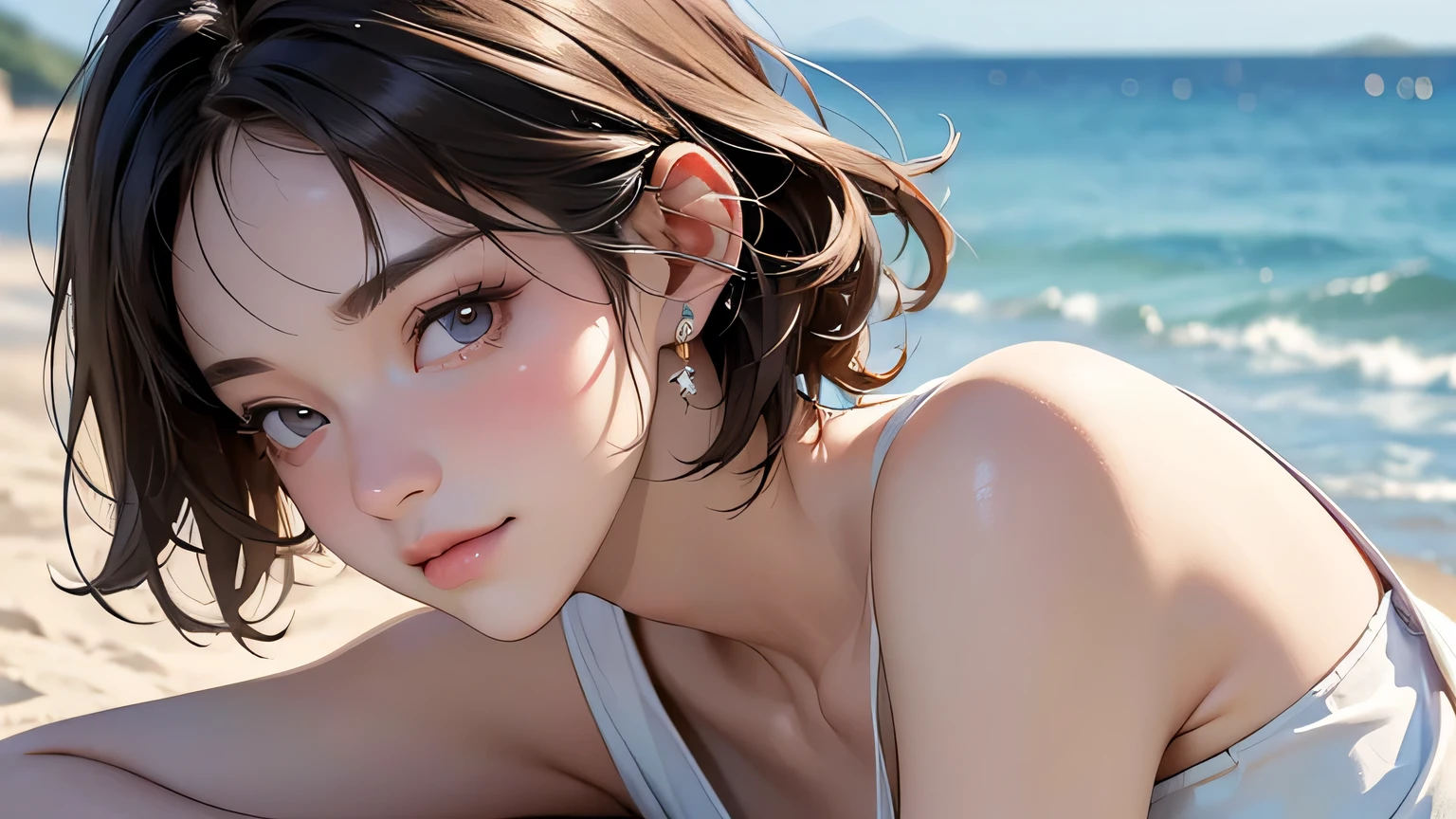 (最high quality、8k、32k、masterpiece、Hmph:1.2)、cute japanese women photos、Very short bob hair、whole body、Surface Focus、White Bikini、Seaside Background、Viewer search x4、(8k、RAW Photos、最high quality、masterpiece:1.2)、(Realistic、Realistic:1.37)、1 girl、cute、Professional Lighting、Photon Mapping、Physically Based Rendering、Gradient brunette hair、Short Curly Hair、good looking、Excellent image quality、High resolution、1080p、(Beautiful Face)、(Detailed facial depiction)、(Detailed Hand Explanation)、(Masseter region)、(Detailed CG)、 Extreme light and shadow、Brown Hair, With bangs, (Layered Short Hair), (big: 1.5), Beautiful Eyes, Beautiful Eyes with Slits, double eyelid, (Cat face), (cute Face), cute Smile, (shut up.), (cute), Soft Skin, whole bodyを見せる, Surreal, Very detailed, high quality, (Beautiful college student with short hair playing in the sea), ((Detailed very cute college girl), ((big胸 It can be seen even through clotheasterpiece、Rich details、(exquisite features)、(Best image quality)、(masterpiece)、(fine grain)、Delicate clavicle、Mr.々A pose、Don'Don'Staring at your boyfriend、profile、Shot on the coast、White Bikini
