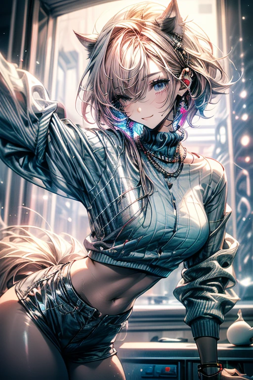 Relaxed character and white cat,ultra-definition, masterpiece, 1girll, 22yo, Korean Girl, (short heads, scruffy_heads, Light pink heads), thick padded jumper, sony headphones, closing eyes, faint smile, upper half body,