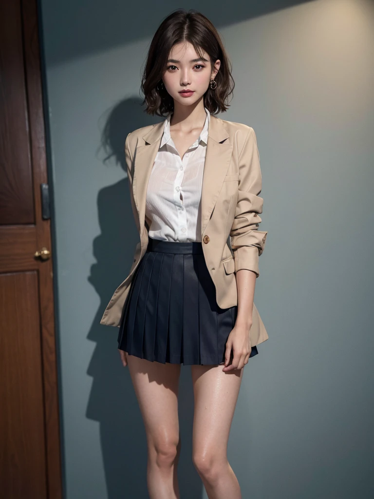 absurdres, RAW photo, extremely delicate and beautiful, masterpiece, Best Quality, ultra high resolution, 16k, hyperrealistic, ultra-detailed, perfect anatomy, super Detailed skin, perfect figure, Very detailed CG 8k wallpaper, in her 20s, very Slim body, narrow waist, very small head, very small face, delicate facial features, tearful mole, earring, thin legs, (very huge round breasts), (((full body shot))), short hair, (wavy hair), (light brown hair), (wet clothes), ((school uniform)), skirt, (blazer), (((open legs))),