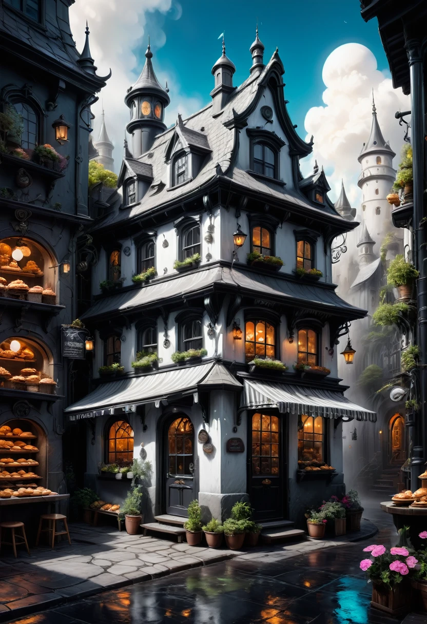 best quality, ultra-detailed, black and white, monochrome, contrasting shades, high contrast ,grayscale, aesthetic, Black and white whimsical bakery, detailed matte painting, deep color, fantastical, intricate detail, splash screen, complementary colors, fantasy concept art, 8k resolution trending on Artstation Unreal Engine 5