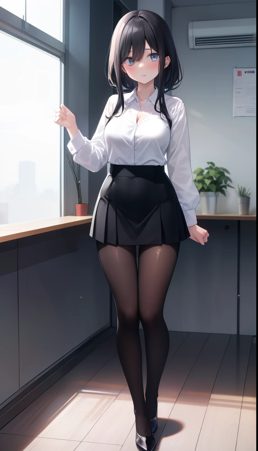 One Girl、positive、Standing posture、Full body portrait、Black Hair、Medium Haircut、blush、Absolute area、Black knee-high socks、Knee-length、stockings、Black Pantyhose、White underwear、Light blue shirt、Blue-gray business suit、Grey tight mini skirt、Japanese office lady、Summer clothes、classroom、Stand on the podium、Daytime、（Very large breasts）、Cleavage、open chest shirt、Unbutton your shirt、((Lesbians around the world))、masterpiece、（highest quality）、
Panties around the ankles、Black high heels、Shirt buttons fly off