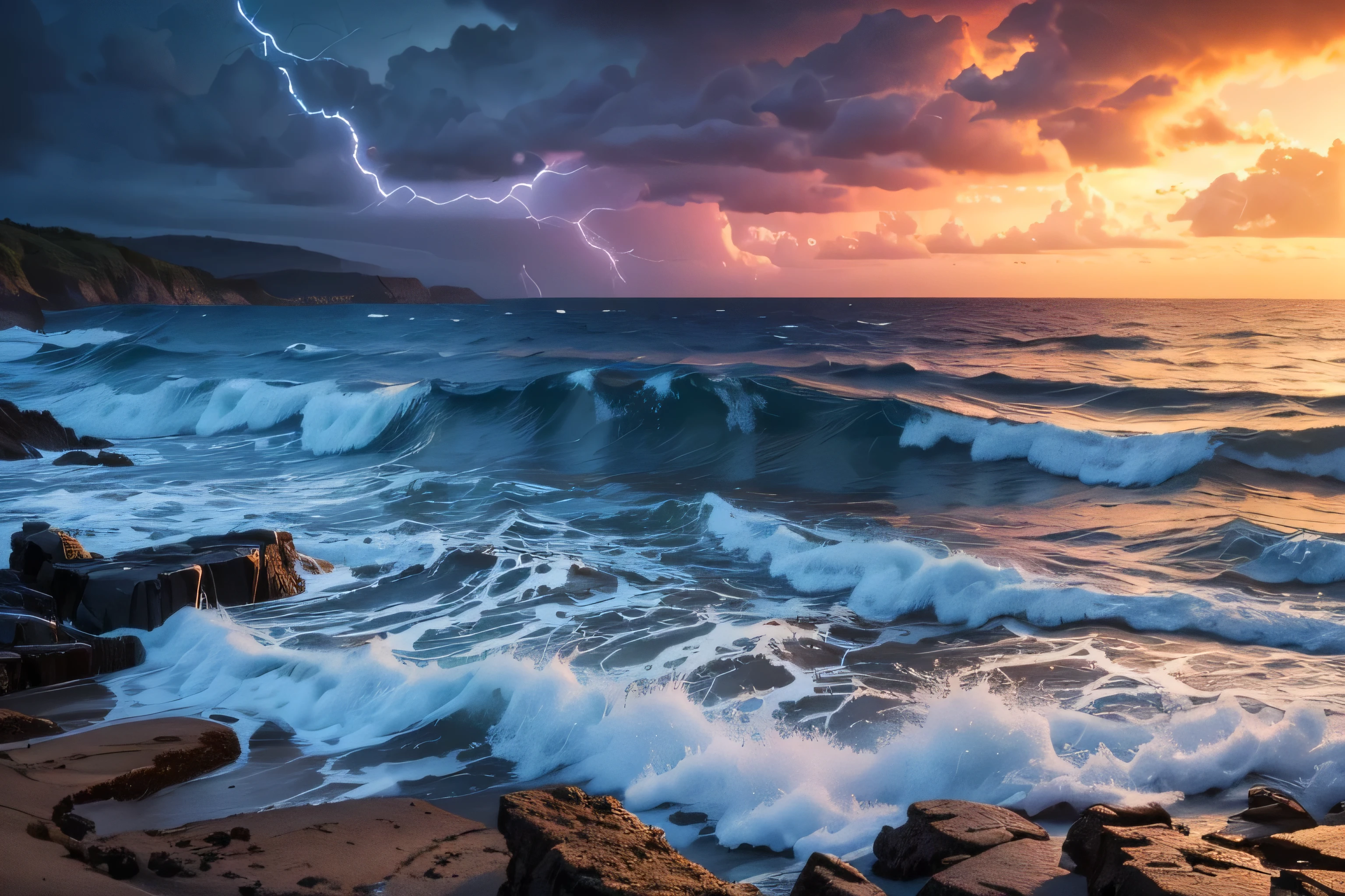 (highest quality,4K,8k,High resolution,masterpiece:1.2),Super detailed,(Realistic,photoRealistic,photo-Realistic:1.37),Dark blue background, Stormy Coast, Continuing sandy beach, Red Sky, Many flashes of lightning, Product Showcase, Vibrant colors, Dramatic lighting