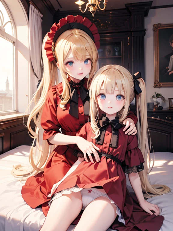 masterpiece, highest quality, Very detailed, 16k, Ultra-high resolution, Cowboy Shot, One , Detailed face, Perfect Fingers, Golden Eyes, Blonde, Original Costume, Twin tails, bonnet、Red dress、White Panties Western-style House, bed, Lie on your back