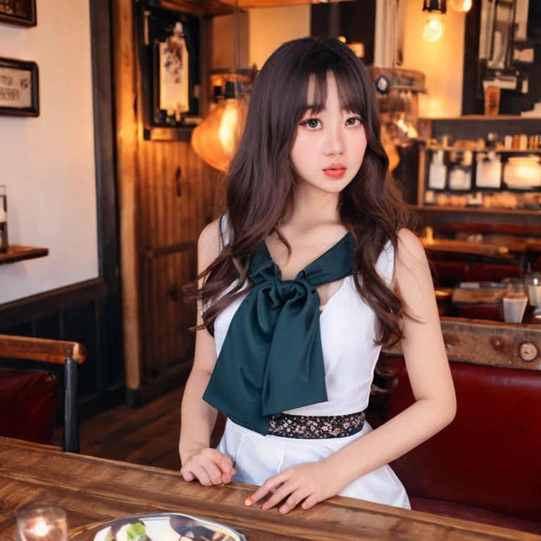 This is a single photo，Taiwanese long-haired beauty dines at the restaurant table，wearing sexy clothing。