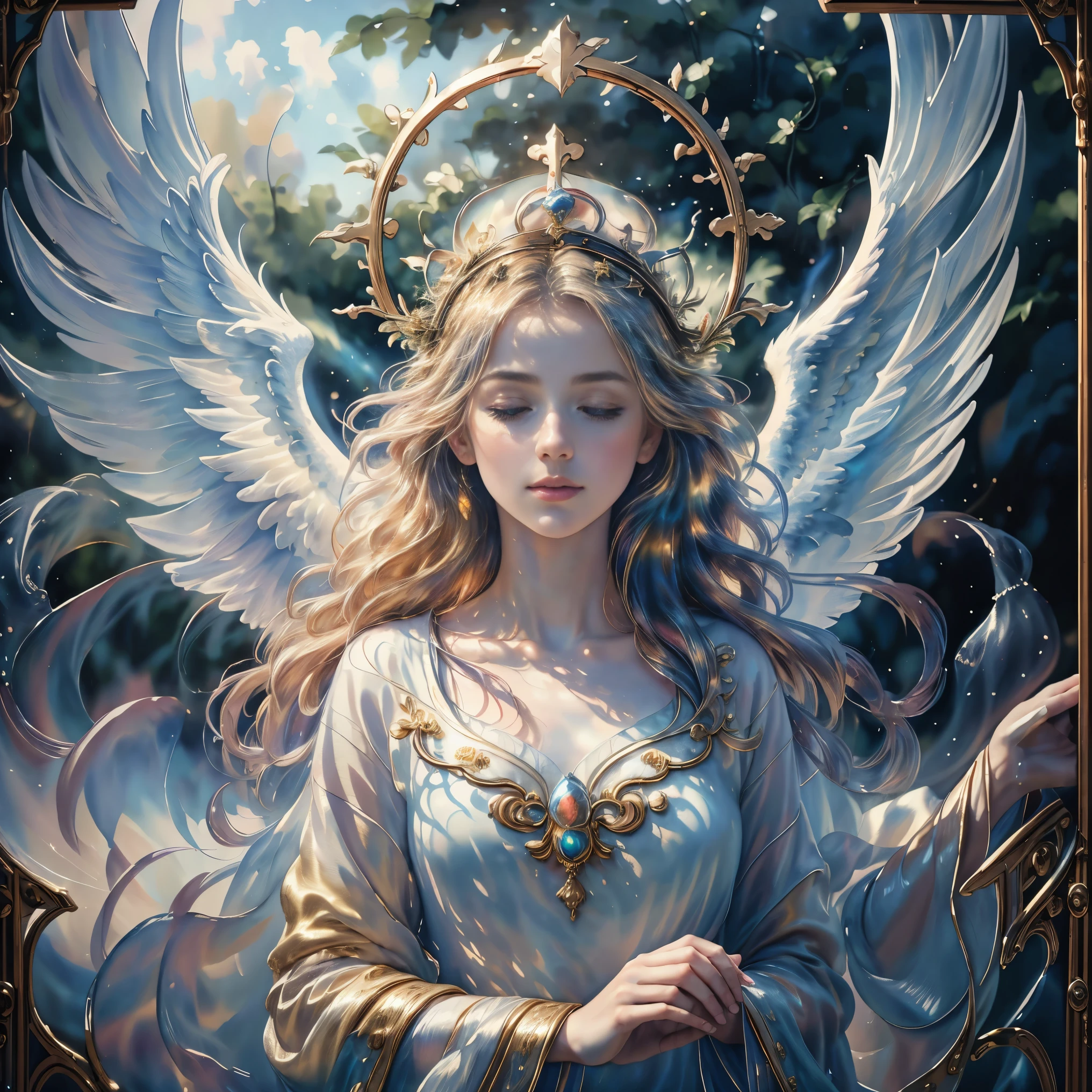 (best quality,4k,8k,highres,masterpiece:1.2),ultra-detailed,(realistic,photorealistic,photo-realistic:1.37),classic religious painting,Holy,halo,divine light,heavenly countenance,ornate crown,holy aura,serene expression,flowing robes,angelic wings,sacred atmosphere,golden background,mystical atmosphere,vivid colors,soft lighting,intense gaze,spiritual presence