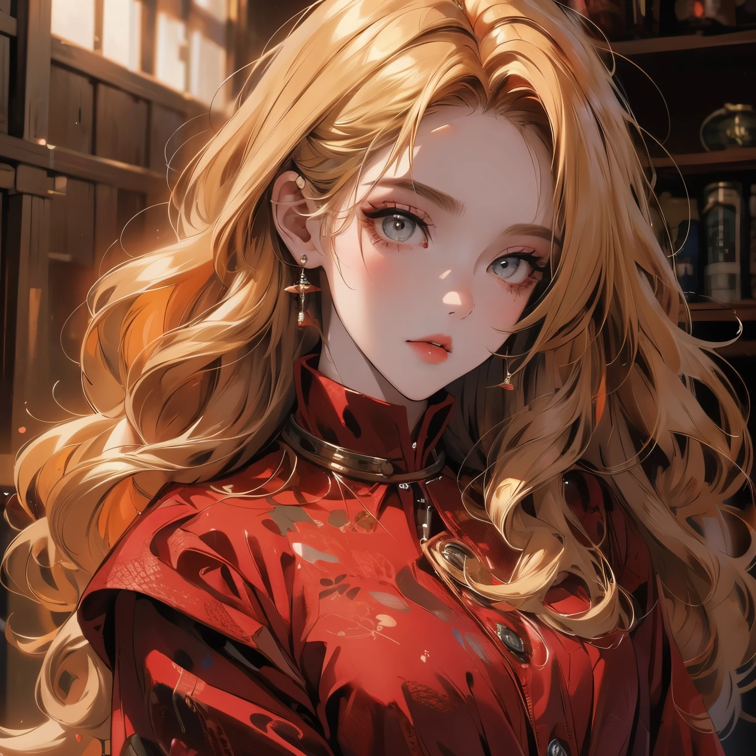 portrait of a Beautiful girl with blonde hair beautiful face, cat eyes, eyeshadow, volume hair,red shiny blouse ish clothing, long sleeves