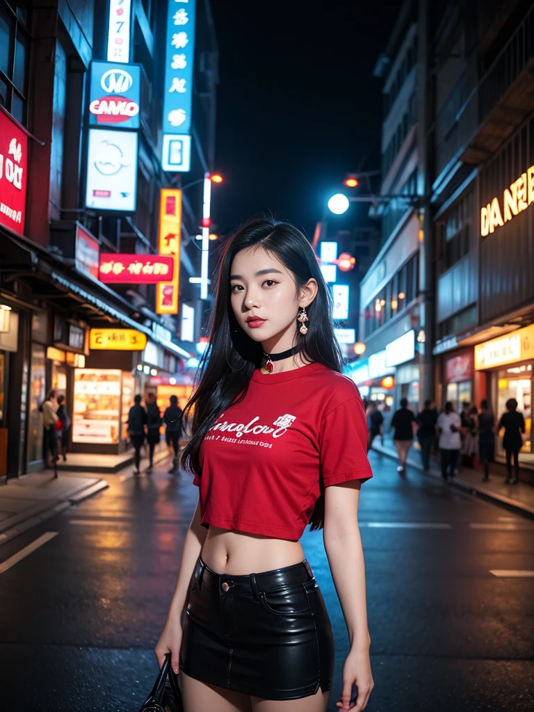 Beautiful Thai college student,long straight black hair,cute face,far shot,choker,full body,large earring,small bag,red shirt,miniskirt,night light,city,Photography,Surrounded by neon-lit reflections of the cityscape, depth of fields,Night, cyberpunk aesthetic, Highly detailed lighting, Dramatic,8K, high-detail, Skin Texture, Realistic skin texture,Best Quality, hight resolution, Photorealsitic