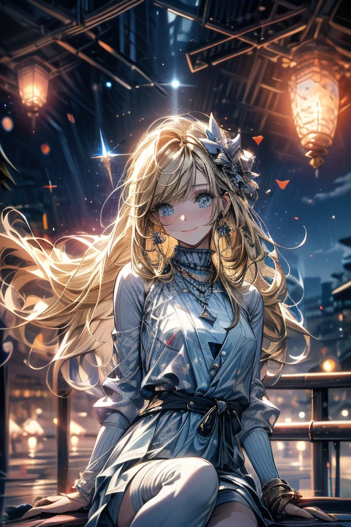 Relaxed character and white cat,absurderes, ultra-detailliert,bright colour,(in 8K:1.3),masuter piece,extremely beautiful detailed face and eyes, 25 years old, Aurora、city light、constellation、Crescent,intergalactic,lamp post, Particles of light, long-sleeve, milkyway, natta, nigh sky, outside of house, planetes, Power lines, shooting stars, sitting on, Skysky, Skyscraper, solo、crouching down、Stargazing,Star_\(skyporn\)、starrysky、Starry Sky Print、telescopes、Winters、(Smooth straight blonde hair:1.3), (Shiny hair:1.2), Delicate beautiful face, red blush、Deep Blue Eyes, Happy smiling face,Small necklace,